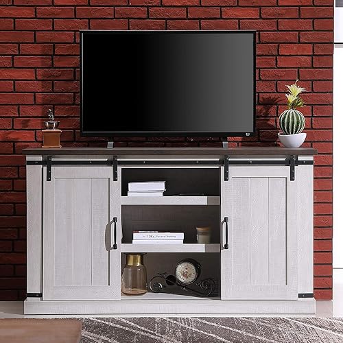 Miniatura 7 de Soporte de TV de madera moderno de granja blanco y gris para TV de 65 pulgadas, consola de TV rústica, mesa central de entretenimiento multimedia,
