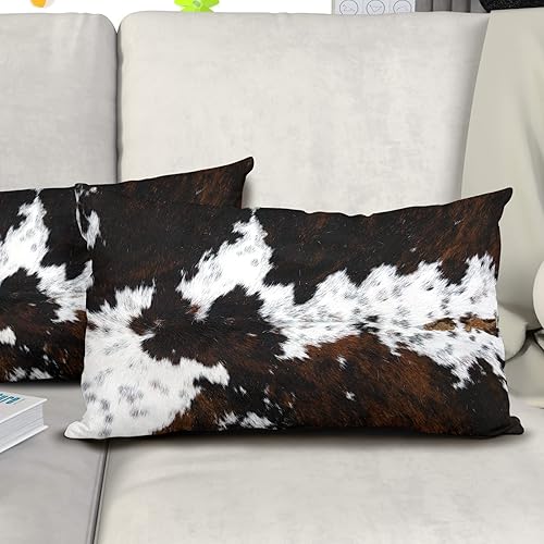 Miniatura 6 de Juego de 2 fundas de almohada lumbares de piel de vaca occidental de 12 x 20 pulgadas, fundas de almohada rectangulares decorativas de piel