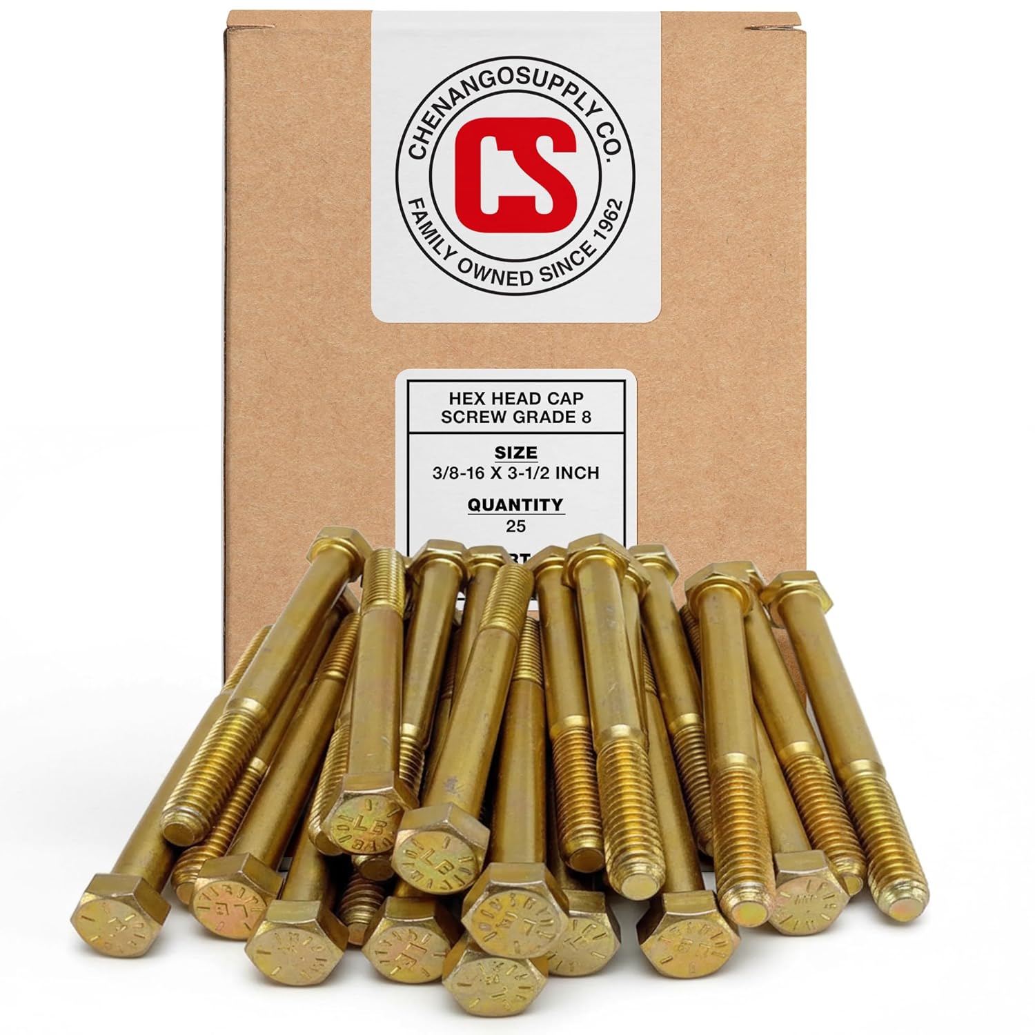 Chenango Supply 3/8-16 x 3-1/2" Grade 8 Hex Head Bolts – Alloy Steel, Yellow Chromate Zinc, High-Strength Hex Head Cap Screws, 25 Pieces (3/8-16x3-1/2 (25 pcs))
