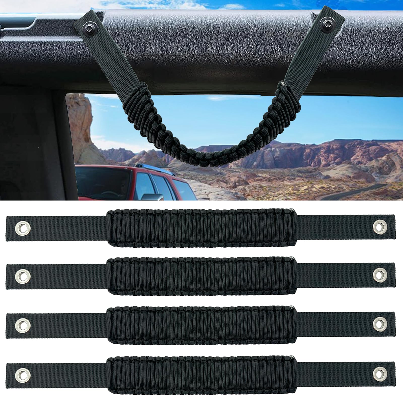 Ford Bronco Grab Handle, 4 Pack Automotive Paracord Roll Bar Grab Handles for 2021 2022 2023 2024 2/4 Door Bronco Handles (Black)