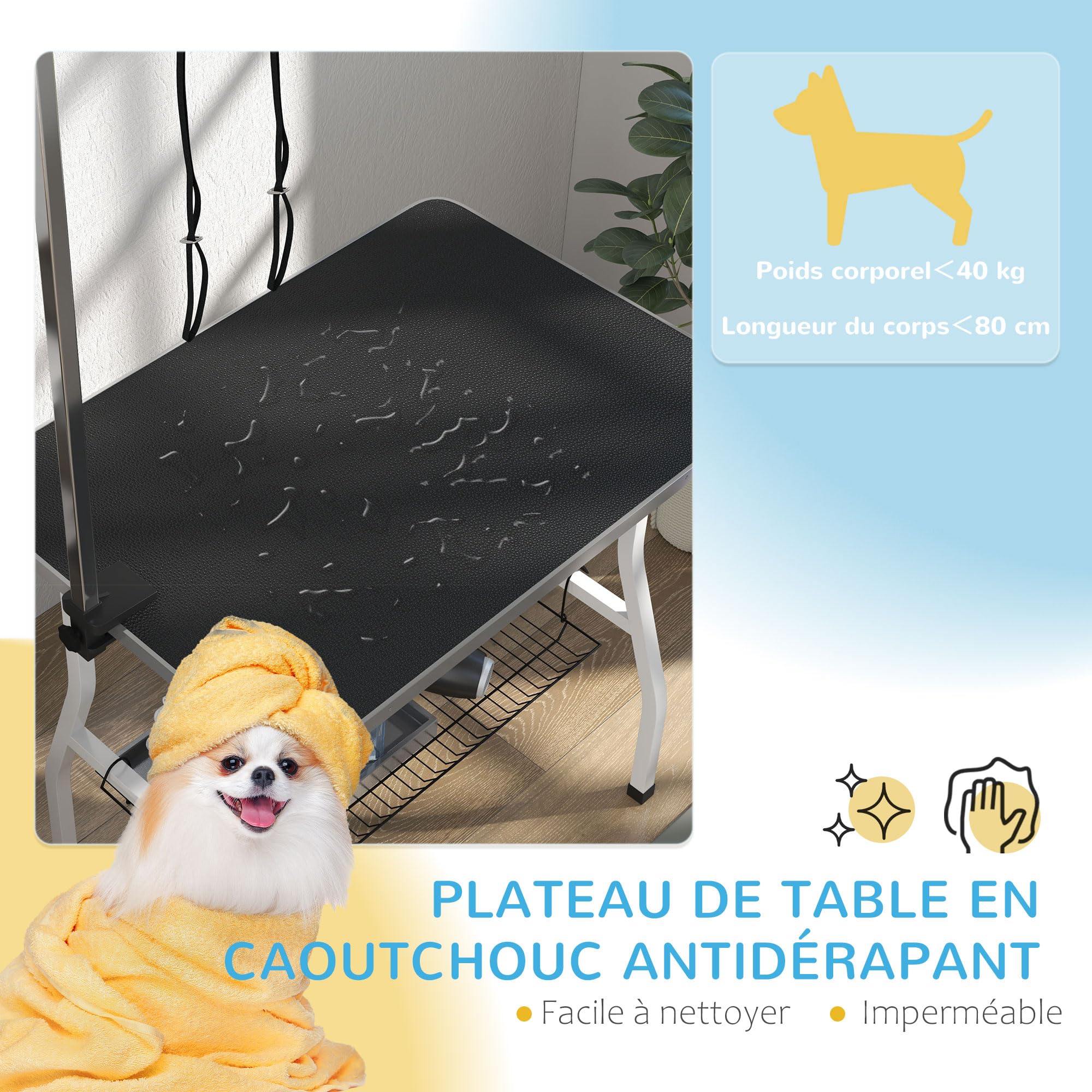 PawHut Table de toilettage pour Chien Pliante 90x60x76cm, Stable - Plateau antidérapant Caoutchouc, 2 Sangles - Potence réglable INOX et Panier - Station d'entretien pour Petits/Moyens Chiens, Noir