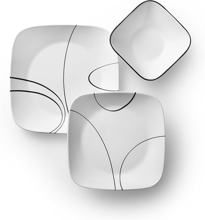 Corelle 18-Piece Service for 6 Dinnerware Set, Triple Layer Glass and Chip Resistant, Lightweight Square Plates and Bowls Set, Simple Lines