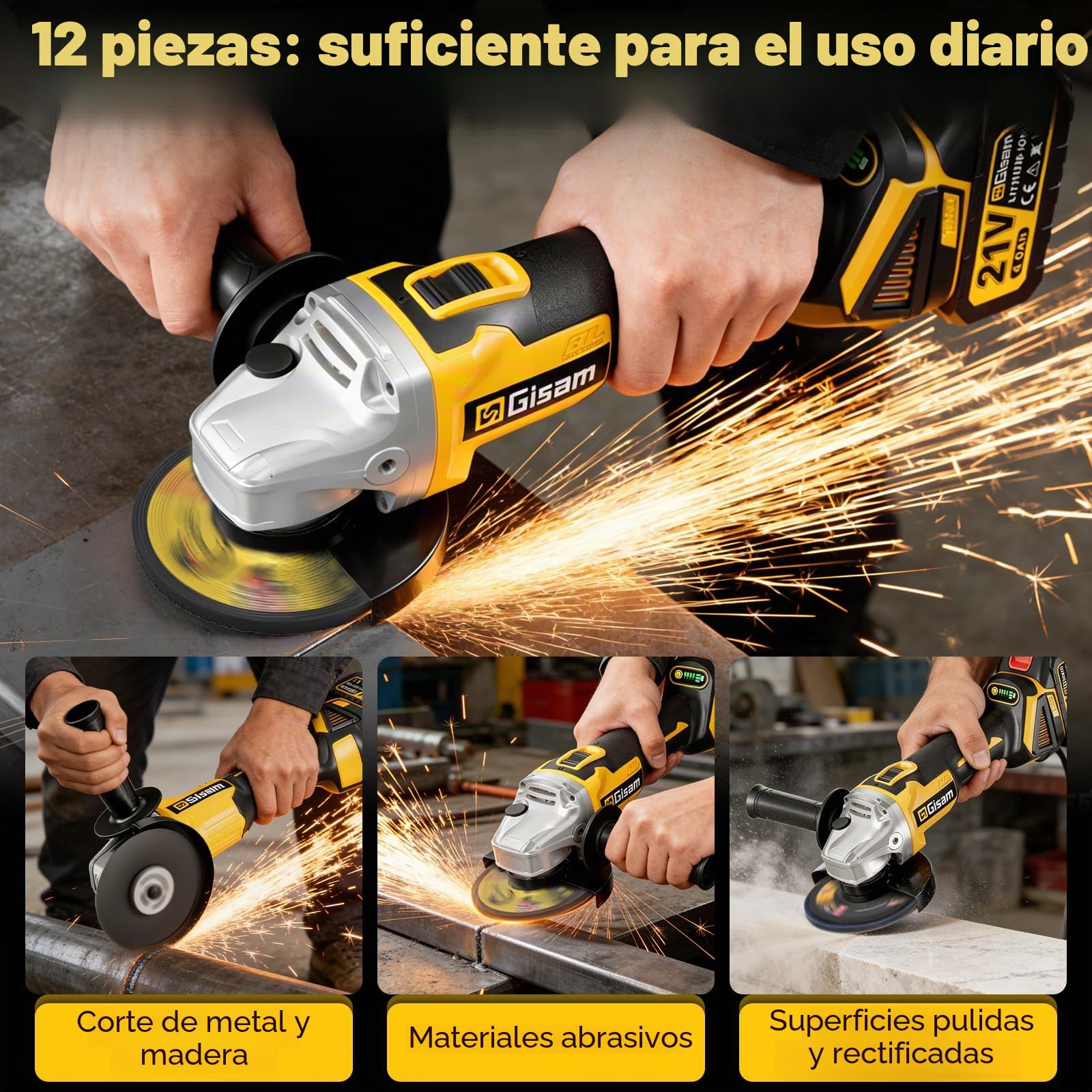 Gisam Amoladora Angular a Batería, 21V Amoladora Bateria inalámbrica con 4000 mAh, Motor sin Escobillas 12000RPM, Ø de disco 125 mm, 12 Discos para Crtar y Amolar con Precisión