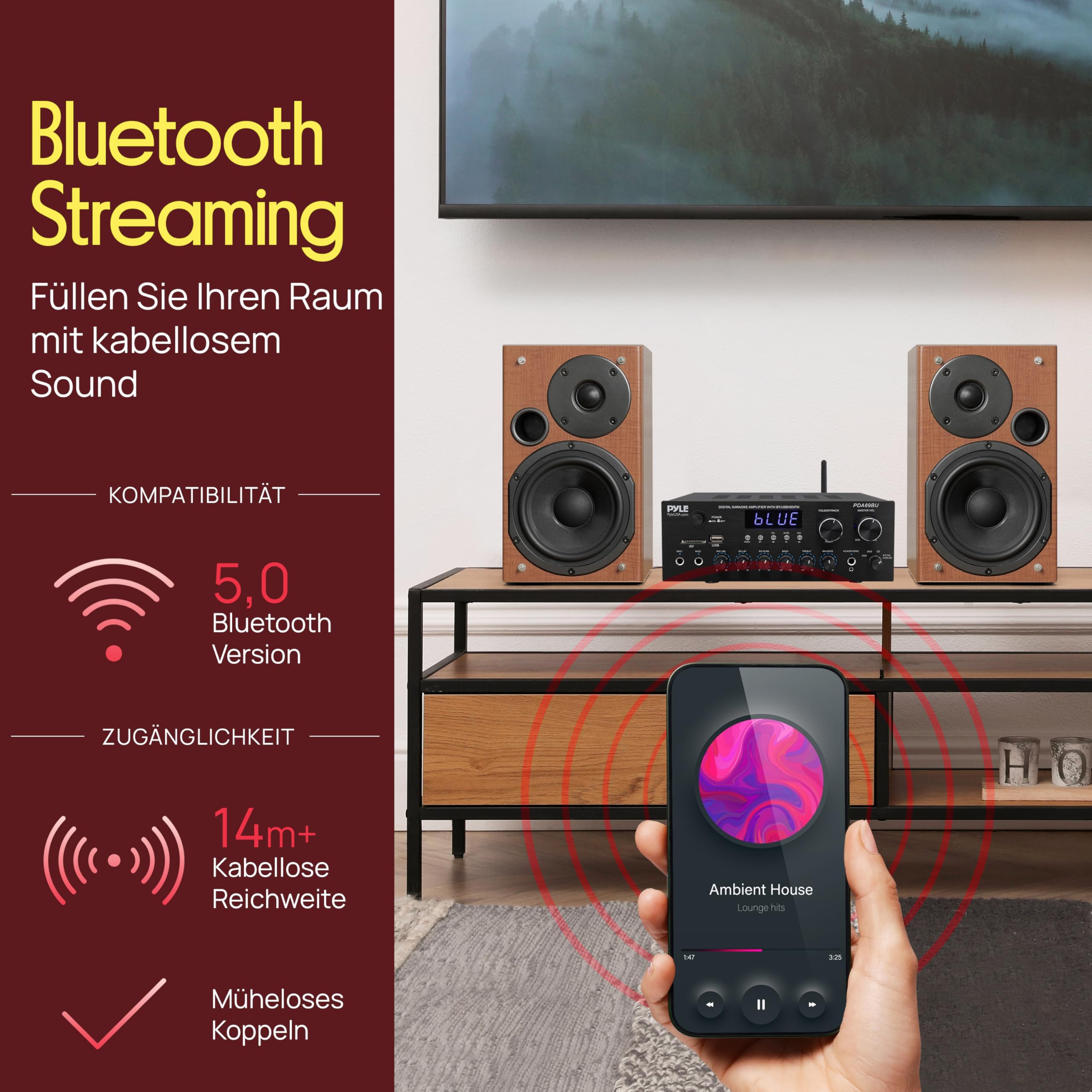 Pyle Stereo Amplifier Audio Receiver with Remote Control - Bluetooth Streaming, MP3/USB/SD/FM Radio, 2.0 Channel HiFi Sound System with RCA/Aux Inputs, Microphone & Headphone Jacks, Adjustable Bass