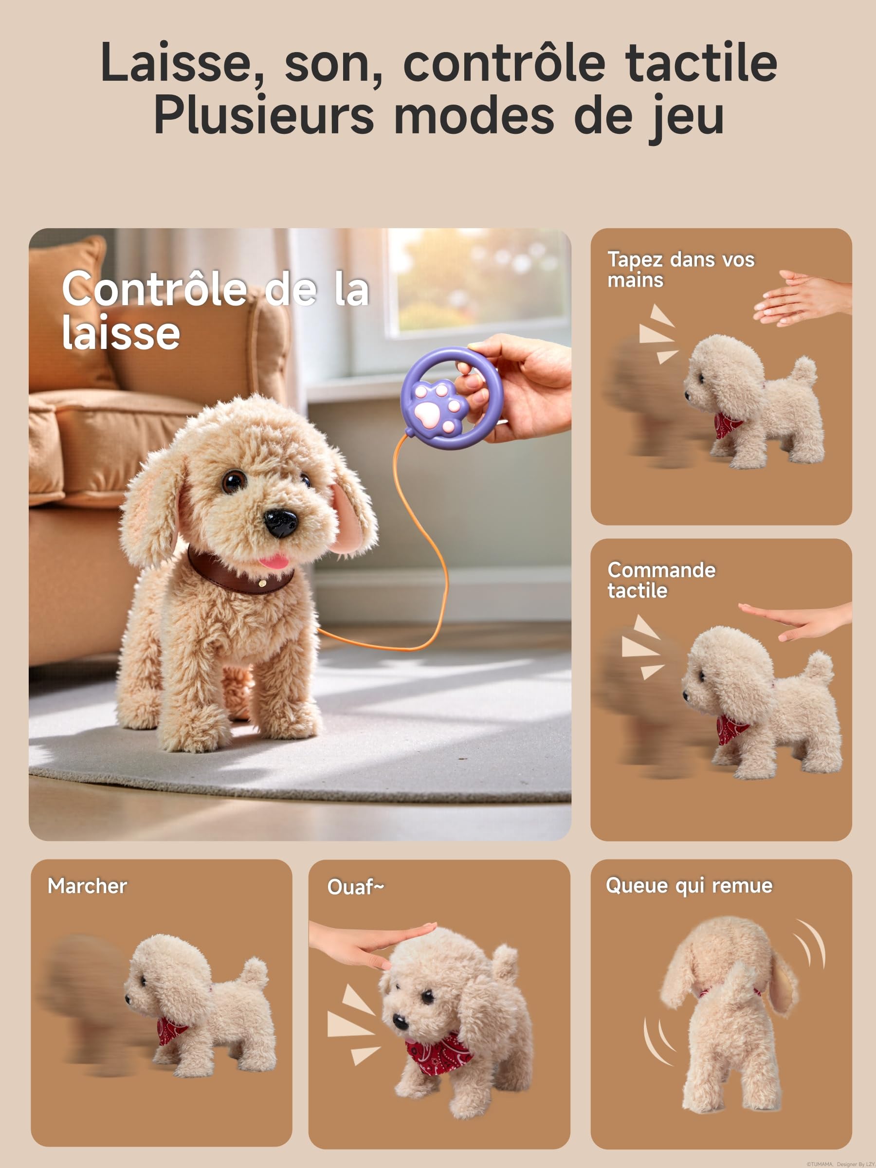TUMAMA Chien Interactif Jouet Enfant Fille 3 4 5 6 Ans, Peluche Interactive Dog Robot, Peluches et Animaux Interactifs, Electronique Chien Qui Marche et Aboie en Laisse, Cadeau Fille Anniversaire