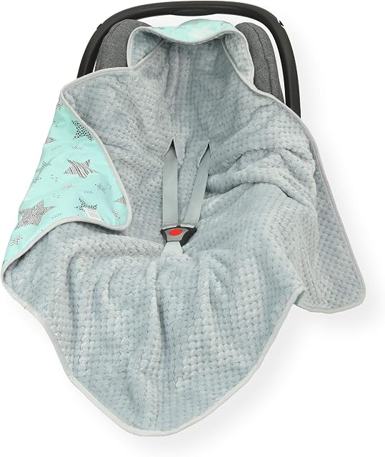 CAR SEAT Baby Insert/Blanket/Cover/Cosy Toes/Foot muff Cotton & Waffle-Effect Mink Plush 80 x 80cm Dual Layer with Hood (Mint Multi-Star/Grey)