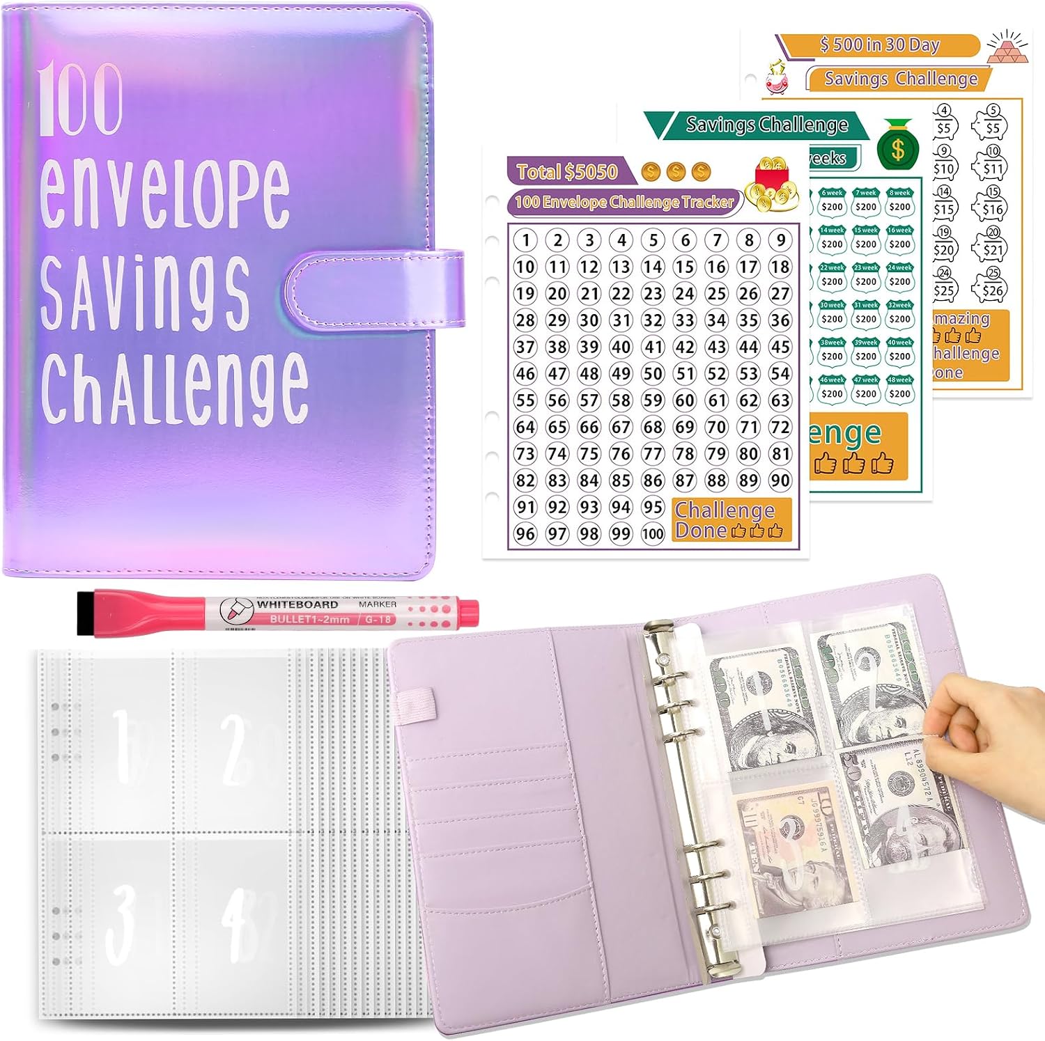 elephtree 100 Envelopes Challenge Binder Money Savings Challenges Book to Save $5,050 and $500 and $10,000, A5 Money Saving Planner Budget Binder with Cash Envelopes