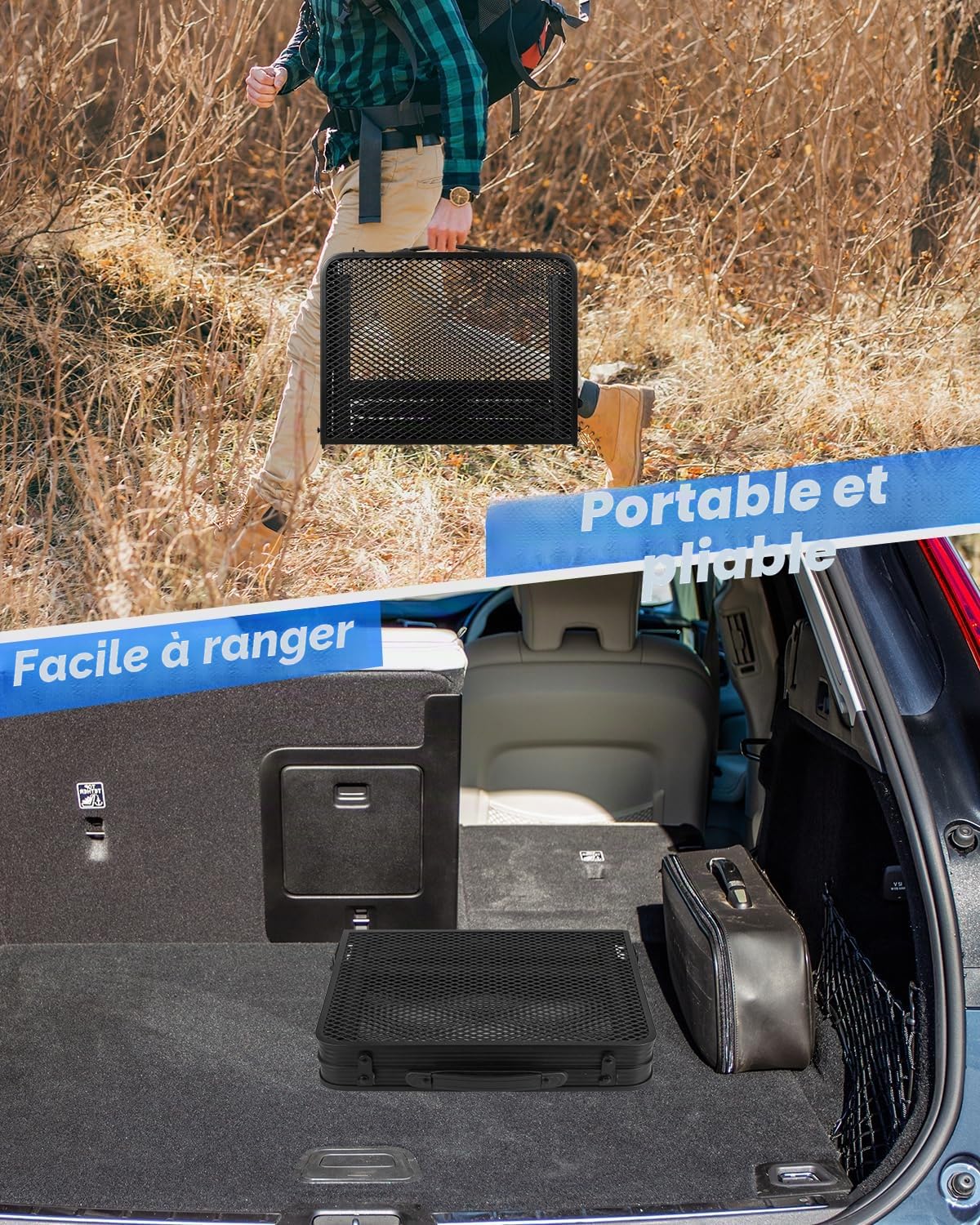 MSDADA Table de gril pliante, réglable en hauteur, bureau et sac en maille, portable pour camping, pique-nique, terrasse, salle à manger, barbecue, fête, noir, 60 x 40 cm