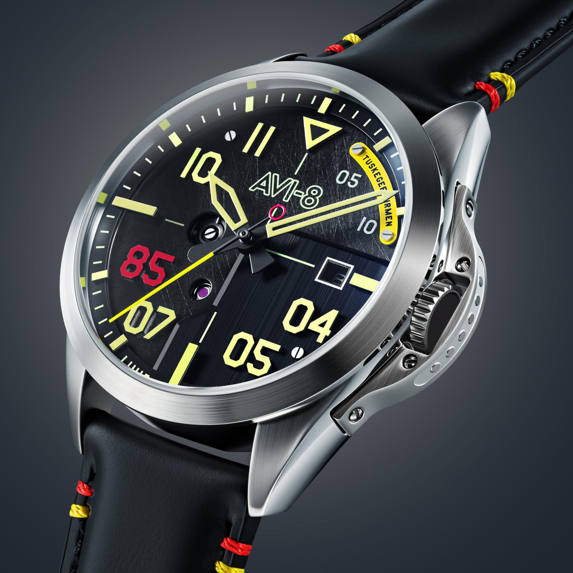 AVI-8 Reloj automático P-51 Mustang Patriot de 43 mm para hombre, edición limitada de 85 aniversario, con correa de cuero, AV-4148