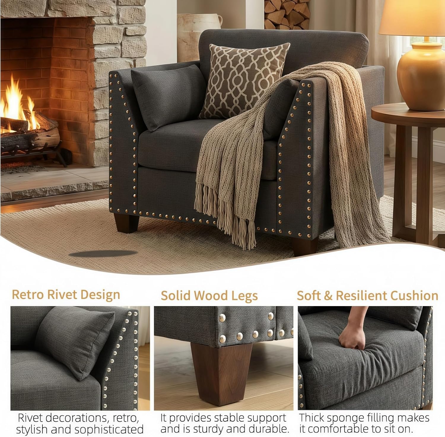 Dreamzie Modern Linen Accent Chair, Upholstered Armchair with Nailhead Trim & 3 Throw Pillows, Single Sofa Reading Chair for Living Room & Bedroom Solid Wood Legs (Light Gray)