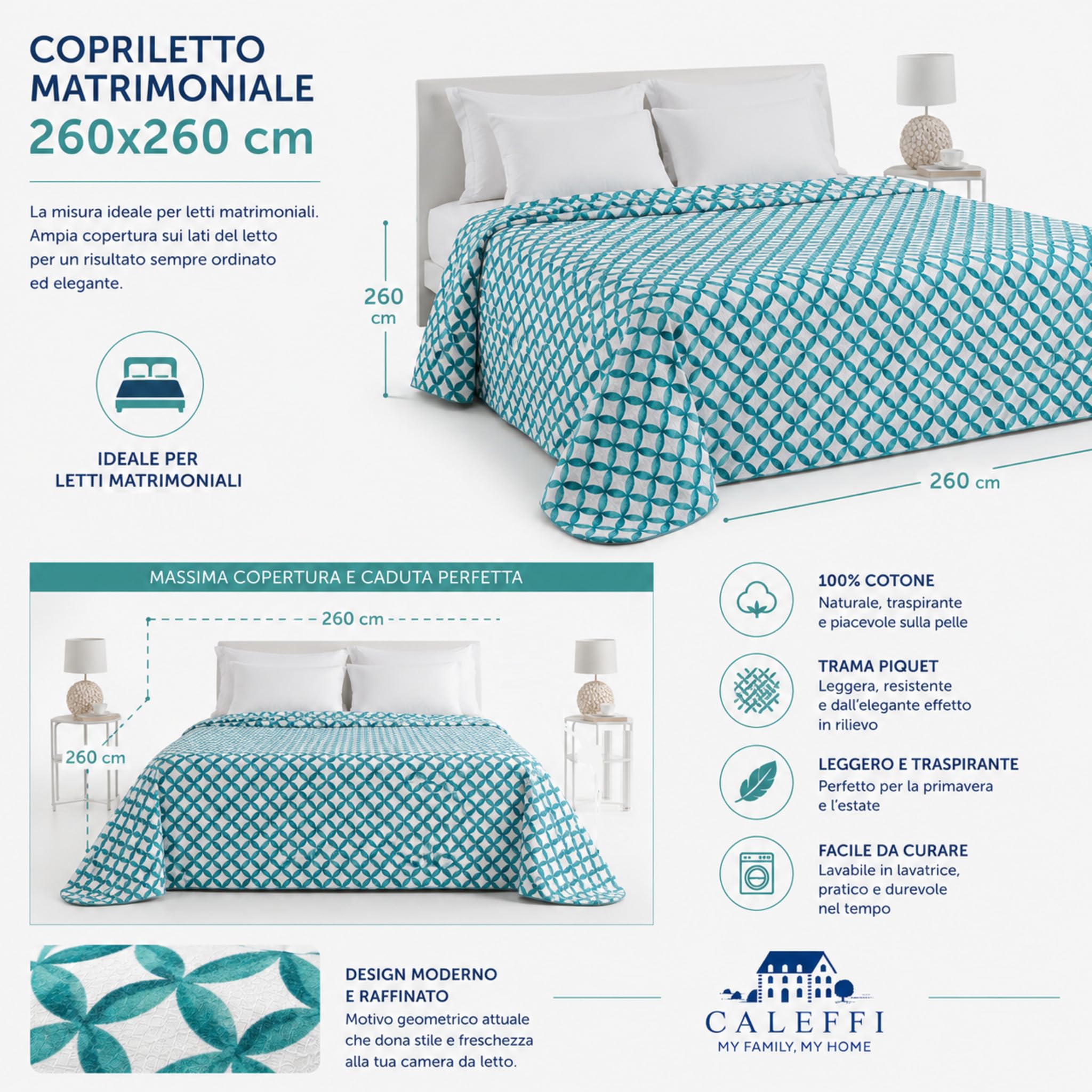 Caleffi Copriletto Matrimoniale Piquet Phoenix 260x260 in 100% Cotone Acqua