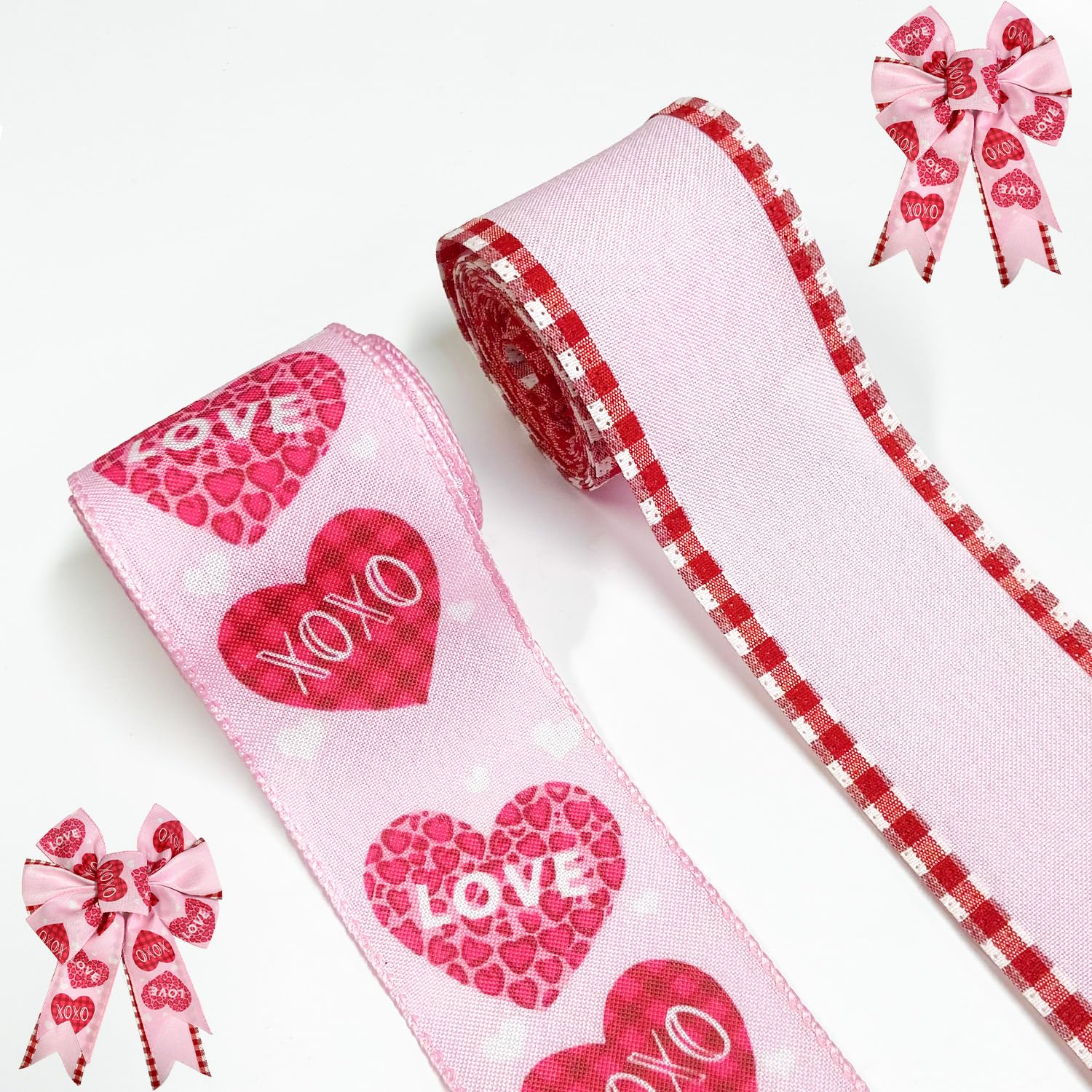 2Rolls Valentine's Day Fabric Ribbons 5 Yards Pink Love Hearts Words Plaids Burlap Decor Ribbons for Valentines Day Party Hanging Decoration Supplies