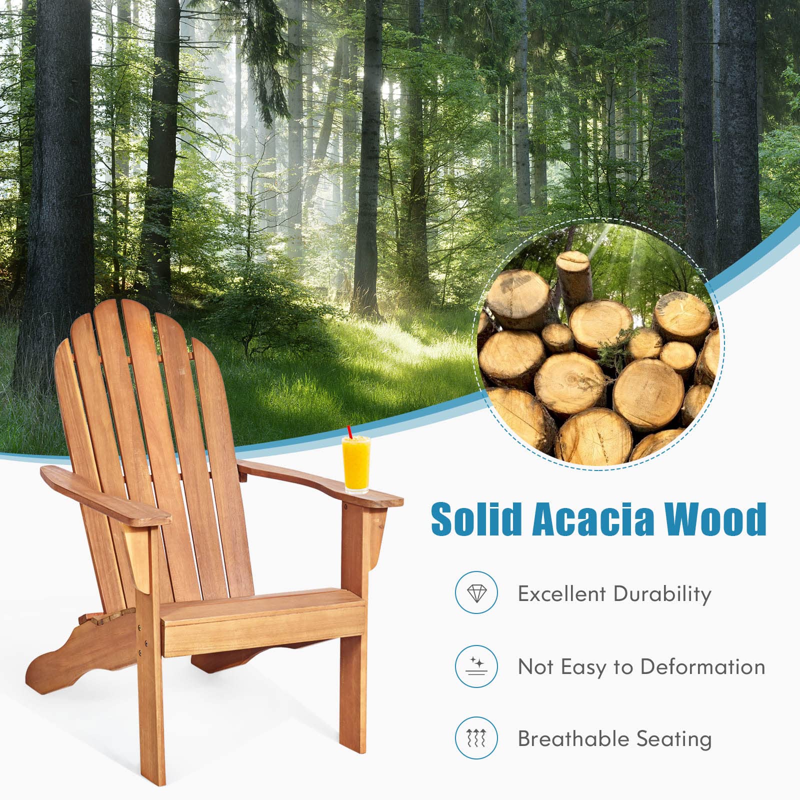 GIANTEX Adirondack krzesło ogrodowe z drewna akacjowego, fotel ogrodowy, styl rustykalny, Westport Chair/fotel, meble ogrodowe, drewniane leżanki, obciążenie 160 kg, ergonomiczne krzesło drewniane, do