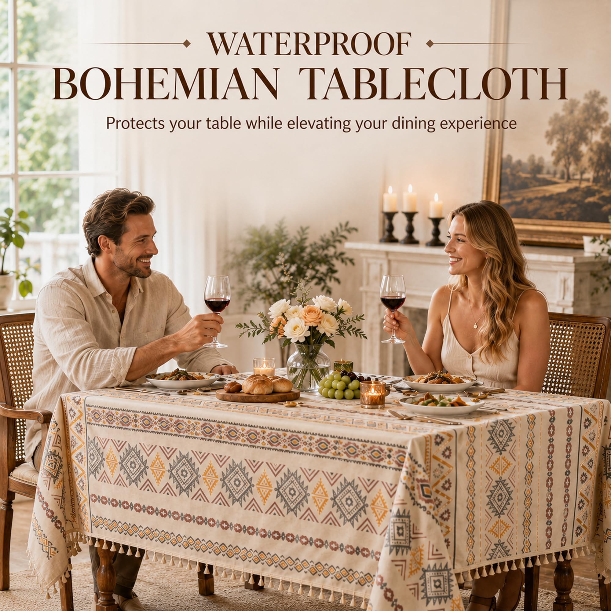 Mantel De Mesa Boho Rectangular con Diseño Geométrico Y Flecos