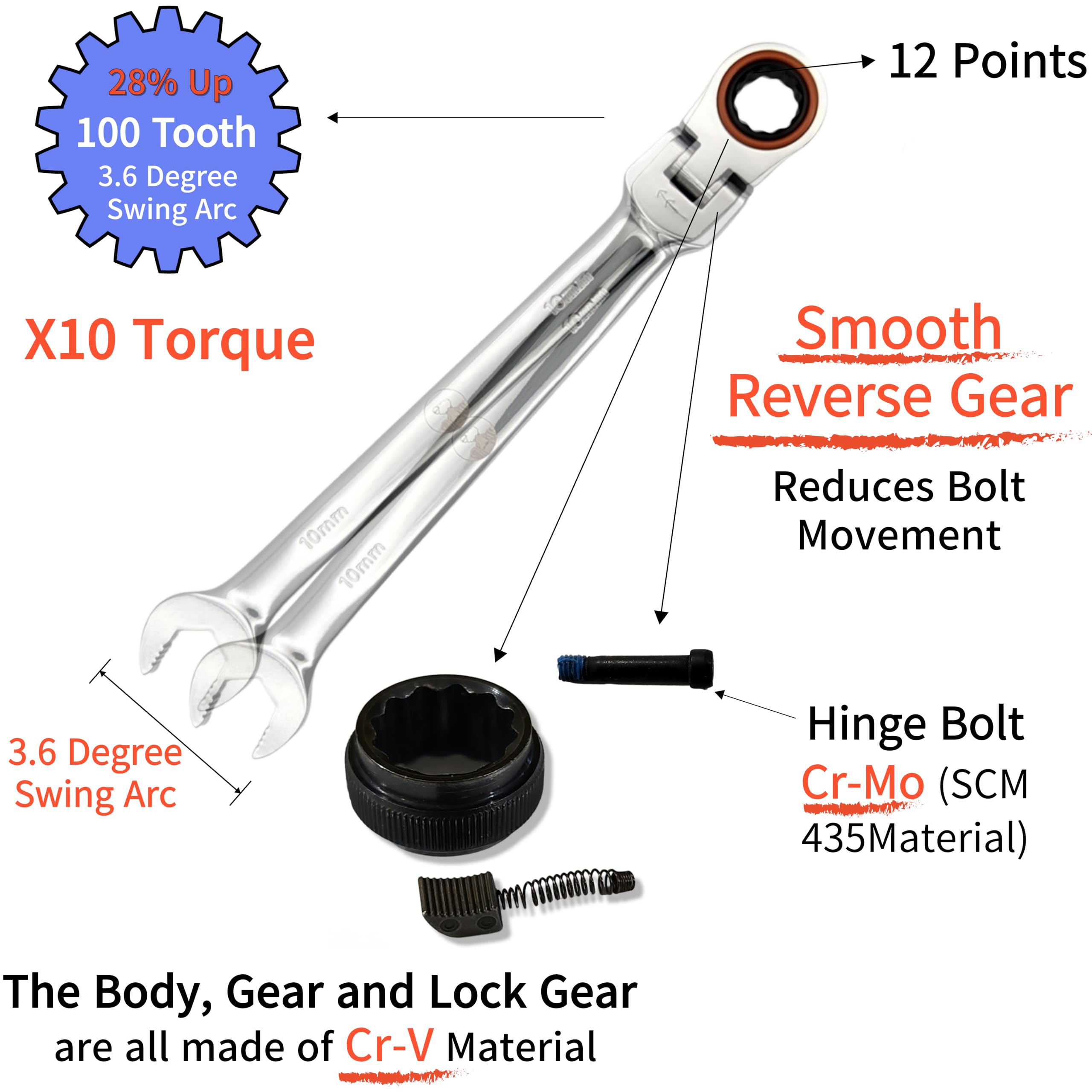 SHEEP on the ROCK 100-Tooth 3.6 ° Swing arc. X10 Torque. Flex Head Ratchet Wrench. 10mm. Smooth Reverse. Chrome Vanadium. V-Type Open End with Anti-Slip.
