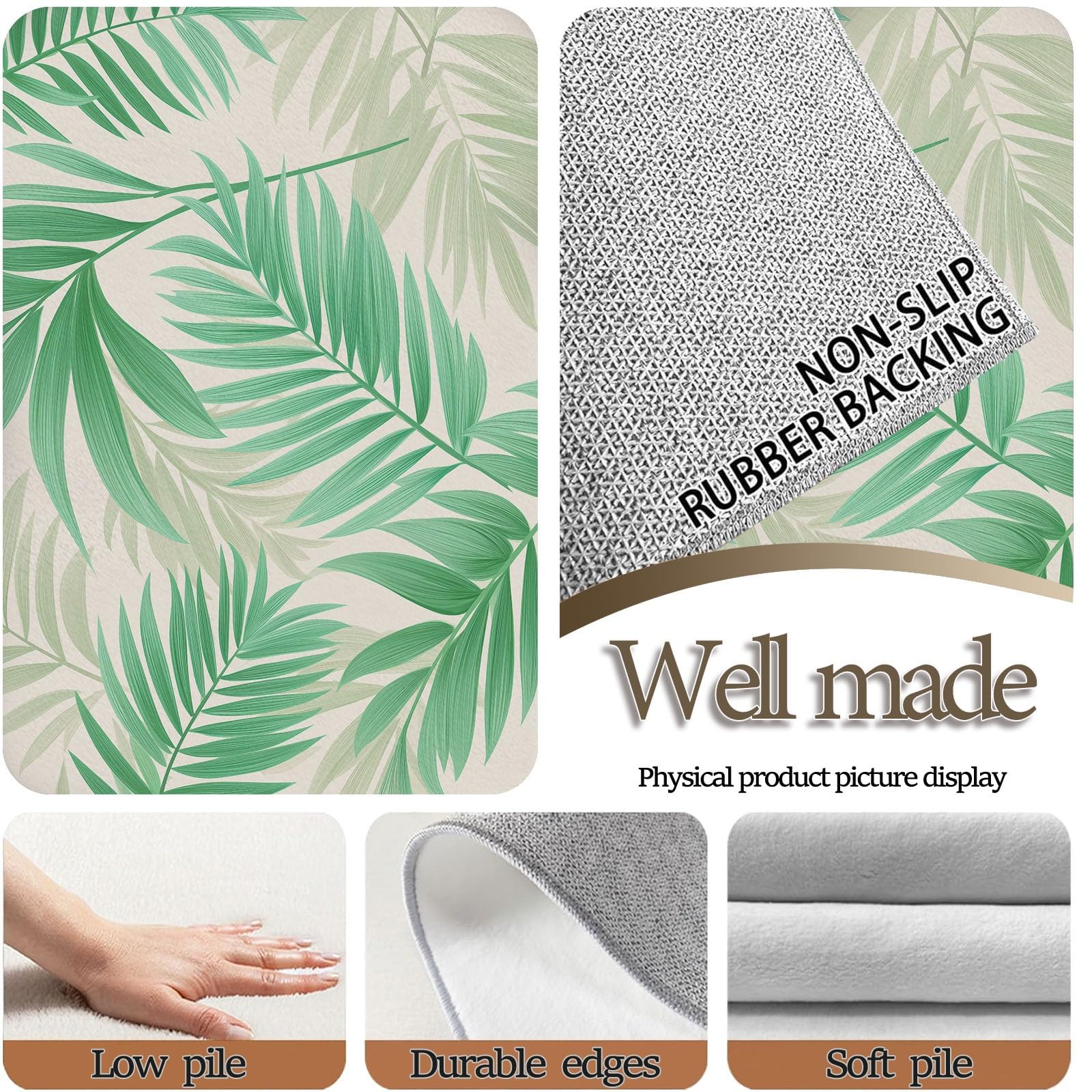 Tapis Salon 160x230 cm Plantes Vert Feuilles de Palmier Rayures, Style Rustique Moquette Imprimé Lavable en Machine - Vert Sauge Tapis Doux Antidérapant pour Chambre à Coucher et Bureau Salle de Jeux