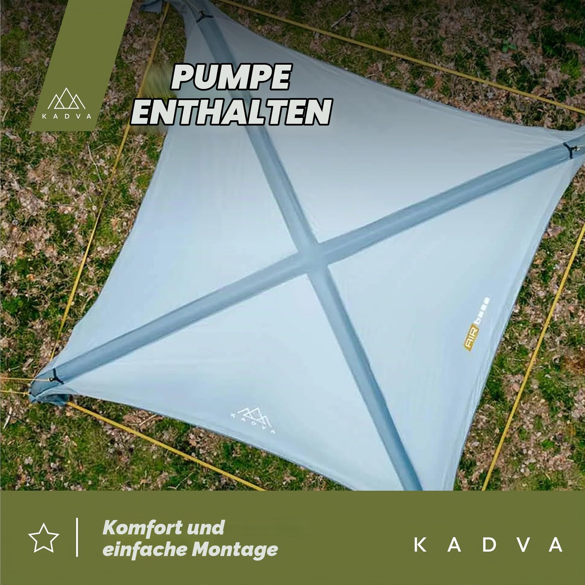 KADVA AIRcamp Base Zelt Überdachung Wasserdichtigkeit 1000 mm Geklebte Nähte Tunnelkonstruktion 3 aufblasbare Bögen Maße 350x350x210 cm Inklusive Pumpe UPF 50+ Haken Farbe Grün