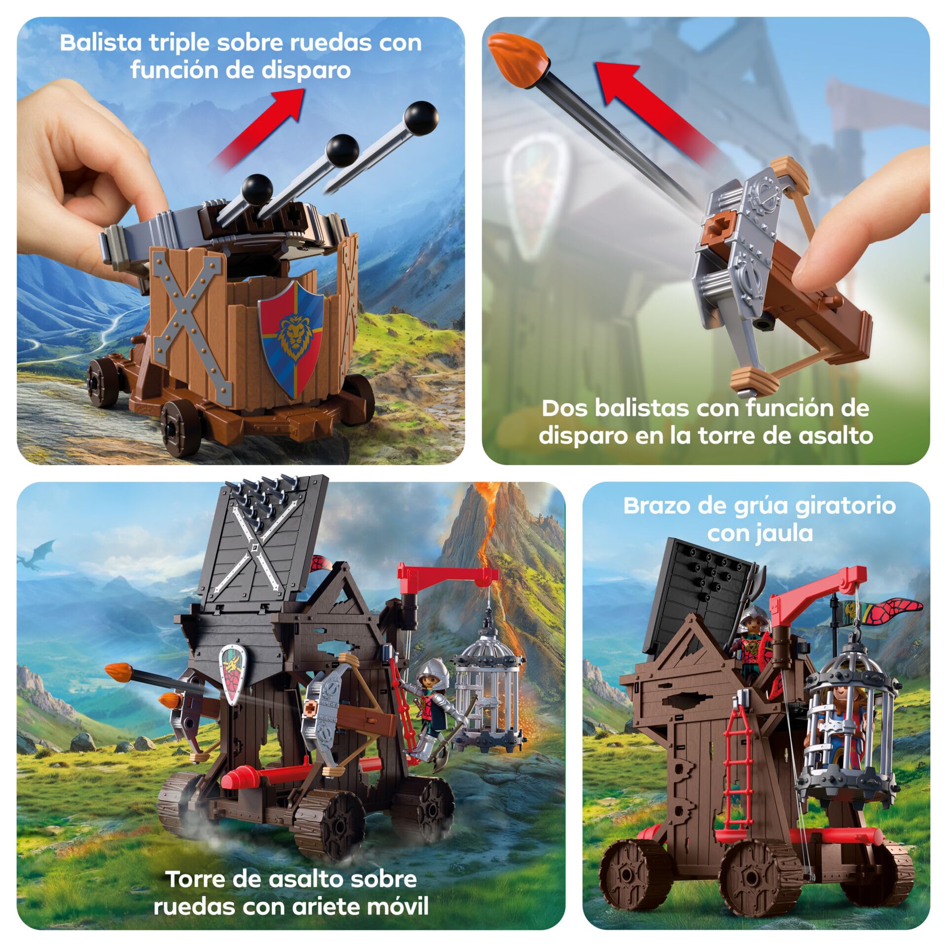 PLAYMOBIL | Knights | Torre de Asalto de los Caballeros del Dragón | Torre de asedio con ariete, balista, Jaula y 4 Caballeros | para niños a Partir de 4 años | 72210