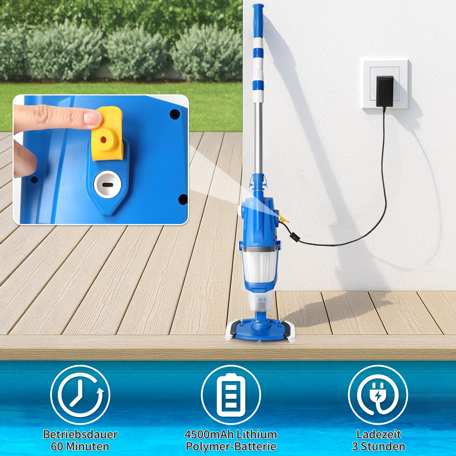LEADZM Poolsauger Akku, Handsauger, Bodensauger mit 4500mAh & 100L/Min Saugkraft | Kabelloser Poolreiniger inkl. Teleskopstange (1.5m) & Filter | Bis zu 60 Min Laufzeit, 190×23.7×17cm(Blau)