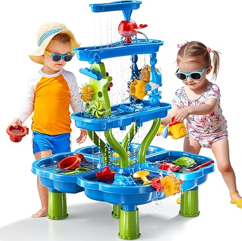 4 -Tier Kids Water Play Table for Kids Toddlers 3-5 4-8, Sand and Water Table with Rich Activity Set, Water and Sand Sensory Activity Play Table Summer Beach Outdoor Indoor Toys for 3 4 5 6 7 8