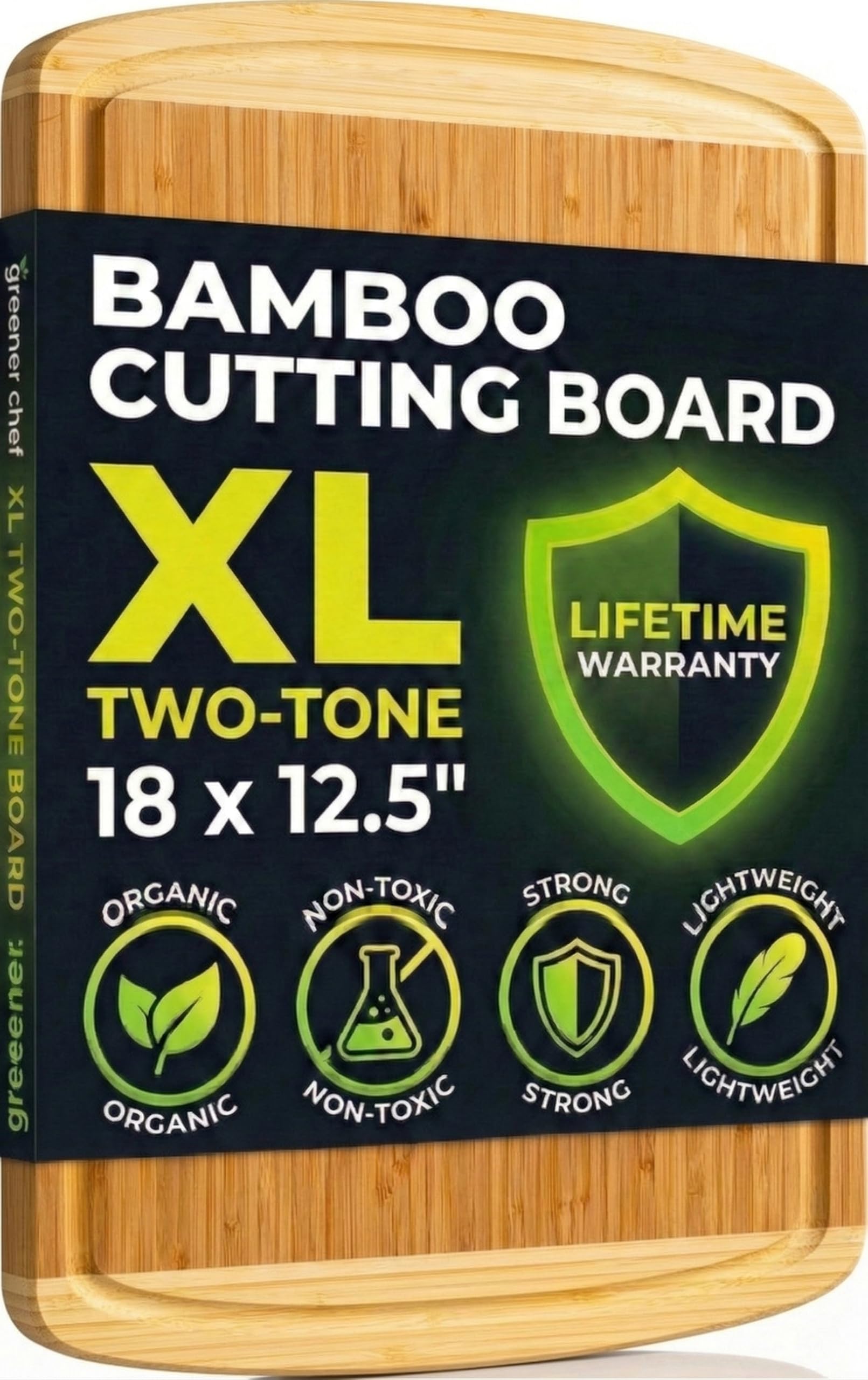 Greener Chef Luxurious Bamboo Cutting Board (Extra Large) with Vertical Grain Strength Technology - Non Toxic, Lightweight 18" XL Chopping Board Gift - Replacements for Life