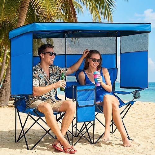 Miniatura 7 de Silla de playa doble con toldo y sillas de camping resistentes con portavasos plegable para césped exterior