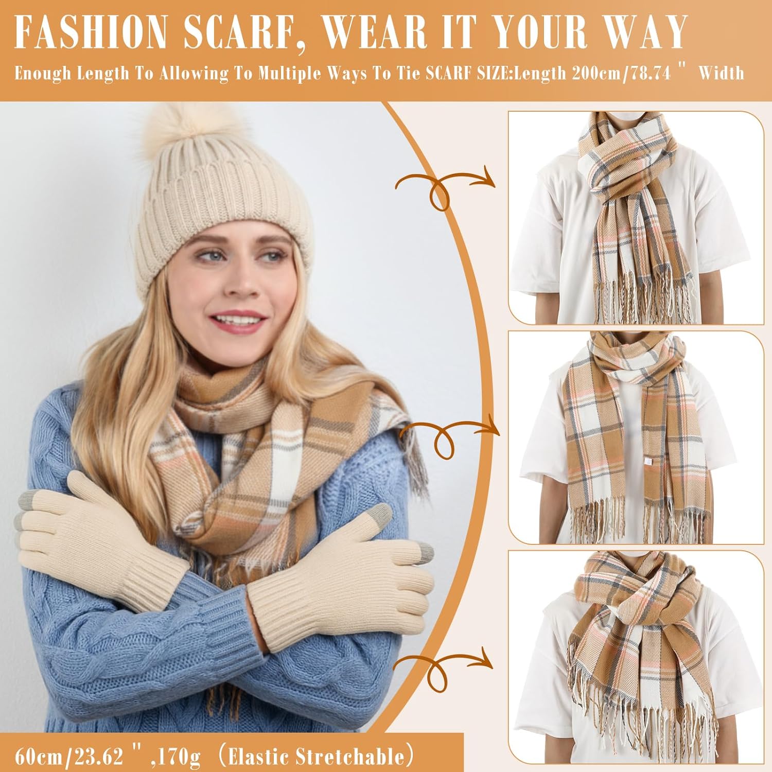 Geyoga 6 Pcs Winter Hat Scarf Gloves Set Knitted Touchscreen Gloves Plaid Scarf Earmuffs Socks Gift for Women Men - Image 5