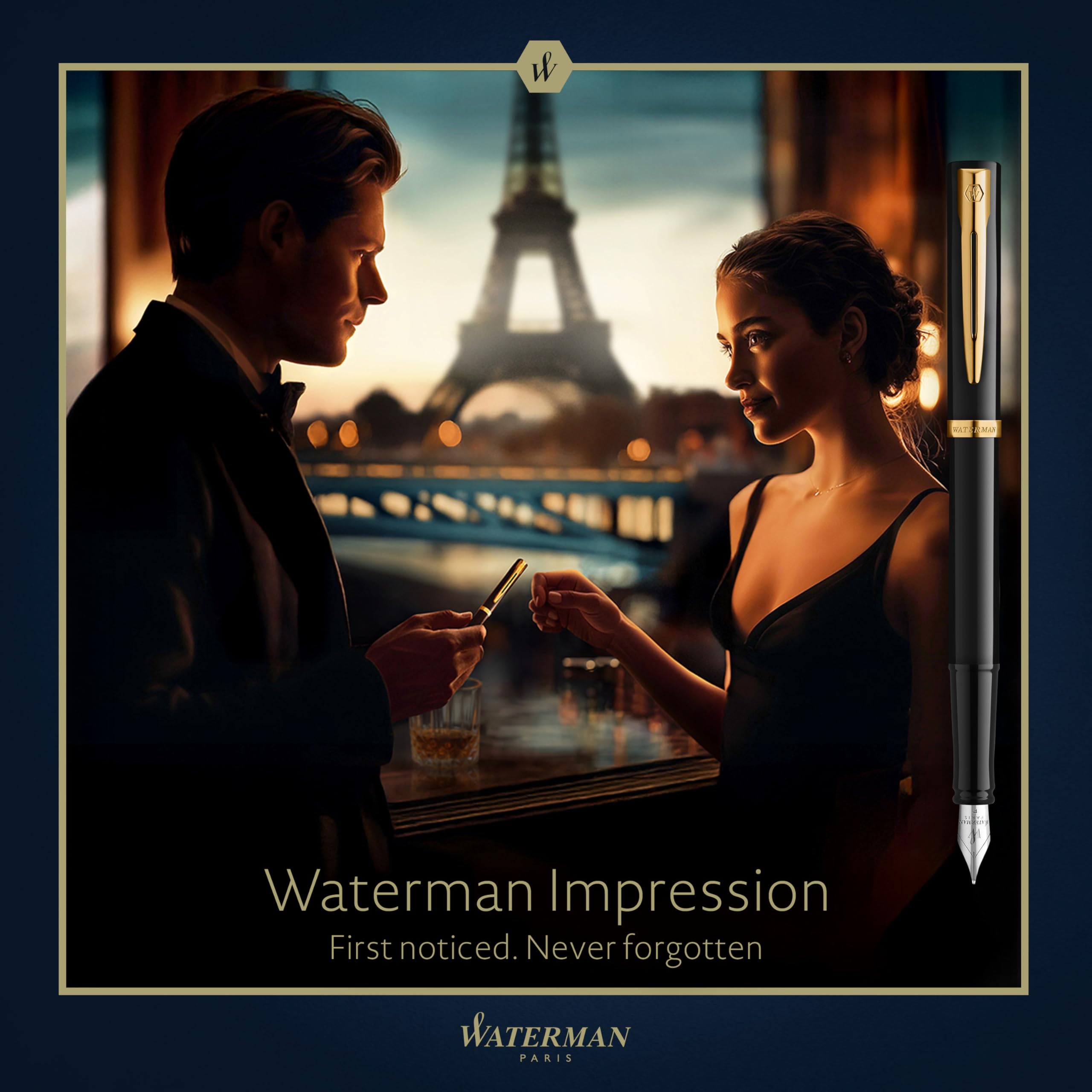Waterman Impression Fountain Pen | Black with Gold Trim | Medium Nib | Blue Ink | Gift Box - Image 2