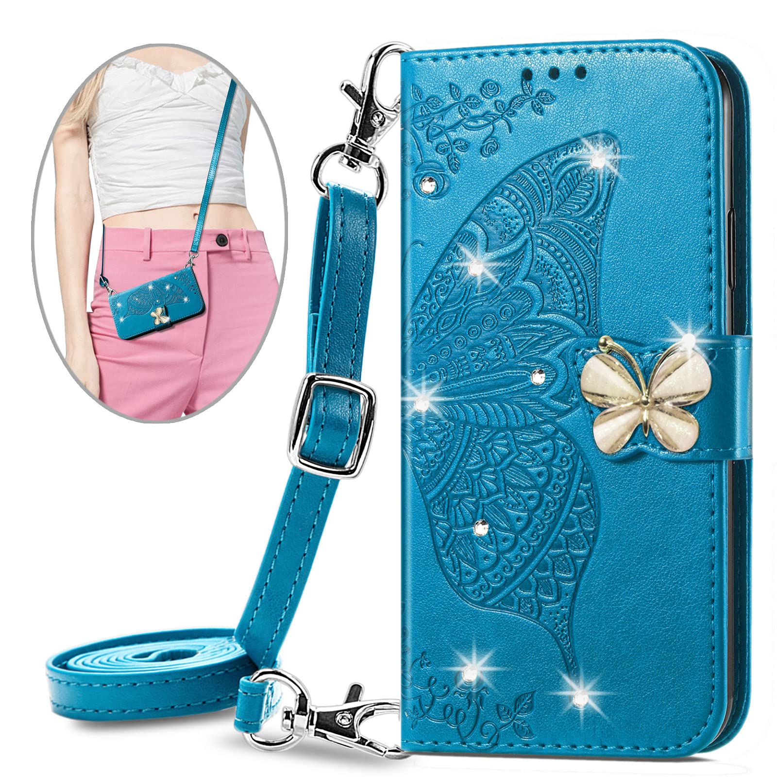ONV Wallet Case for Samsung Galaxy A10S -1.5M Adjustable Strap Emboss Butterfly Flip Phone Case Card Slot Magnet Leather Shell Flip Stand Cover for Samsung Galaxy A10S [ZS] -Blue
