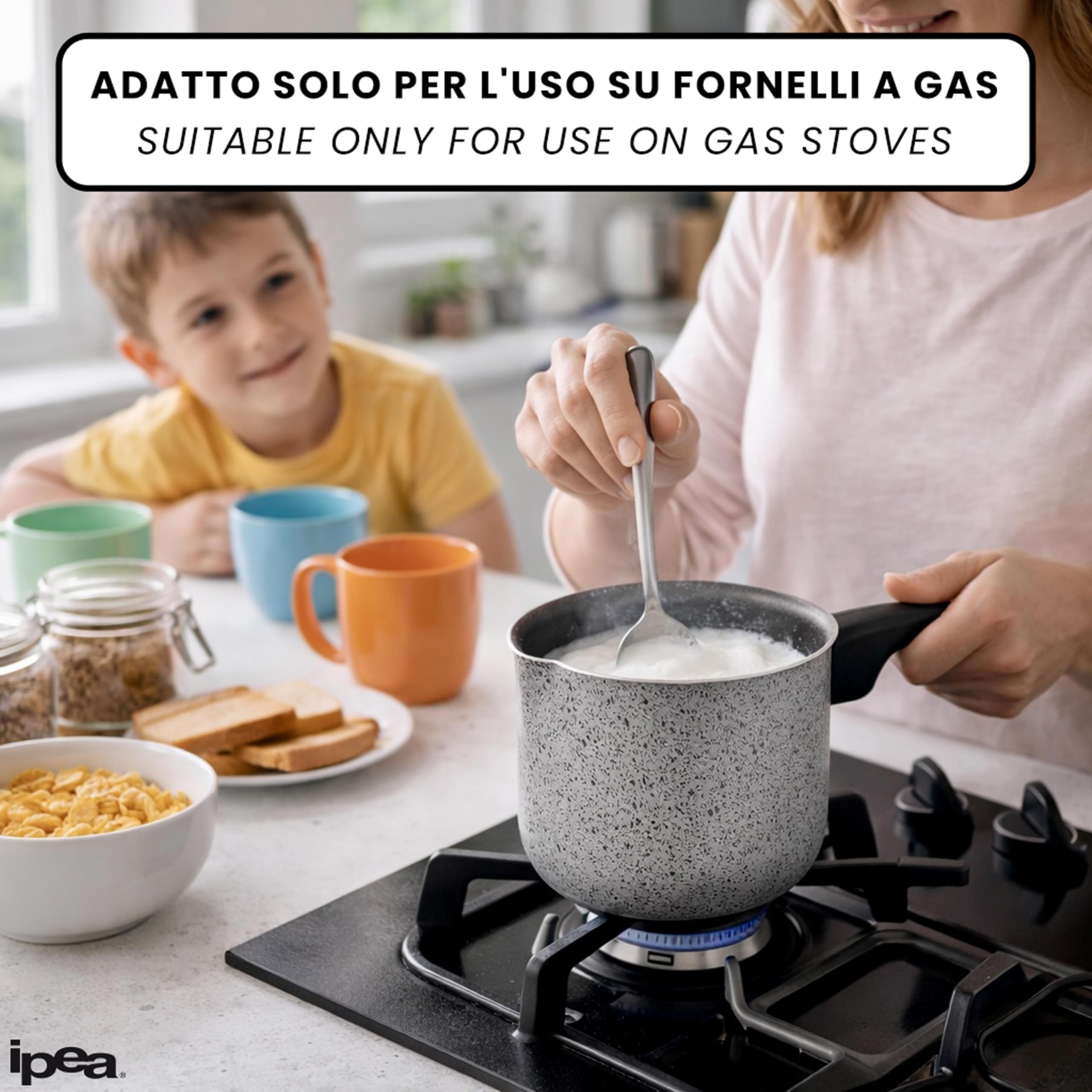 IPEA Bollilatte in Alluminio effetto Granito per Fornelli a Gas – 12 CM - Pentolino per Latte, Caffè e Cucina – Antiaderente con Manico Ergonomico –– Pentolino da Cucina Compatto - NO INDUZIONE