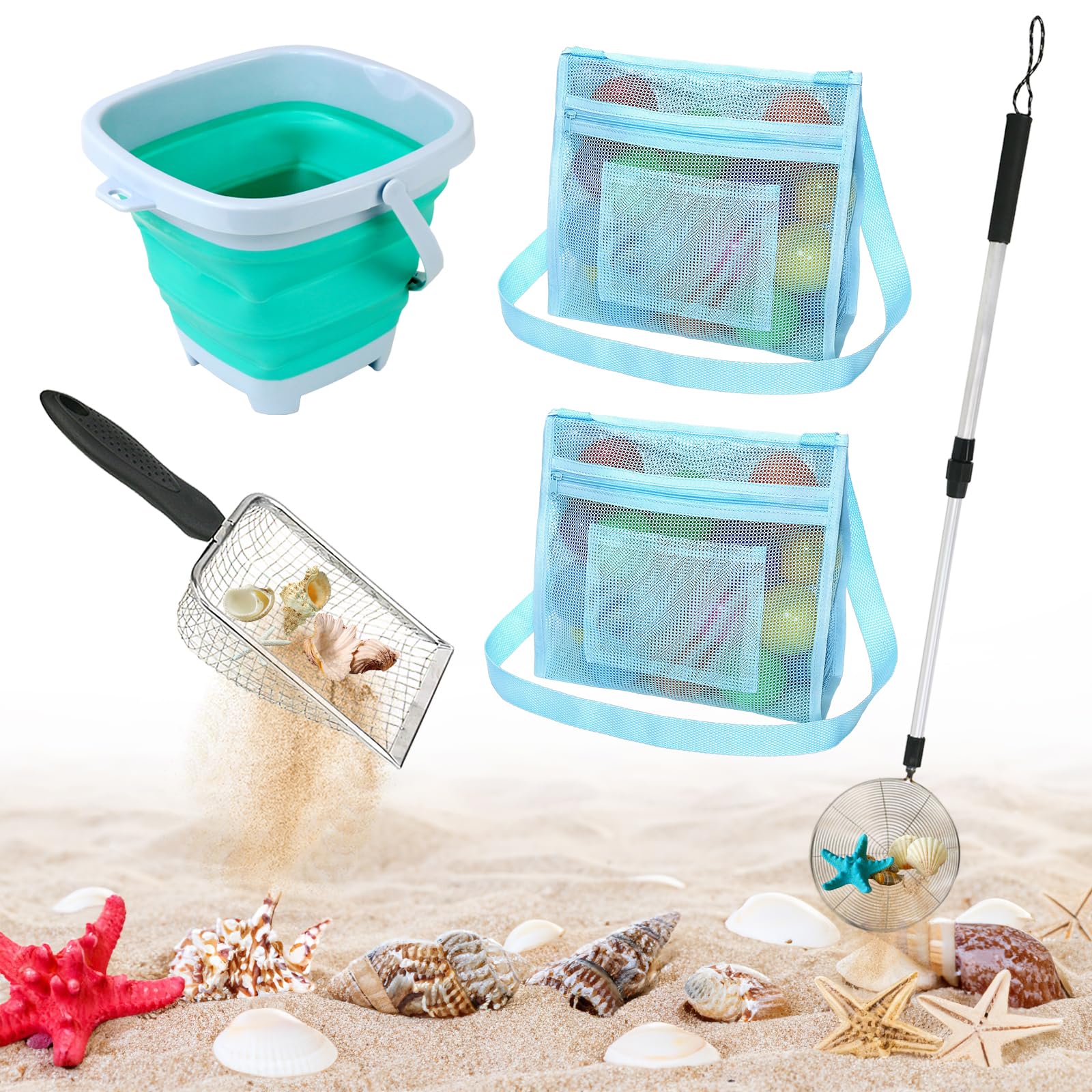 clbutge 5 PCS Shelling Tools for Beach Include 2 PCS Seashell Bag, Mesh Sand Sifter Shovel, Foldable Beach Bucket & Shell Scooper with Extra Long Adjustable Handle, Adult Kids Summer Beach Toys