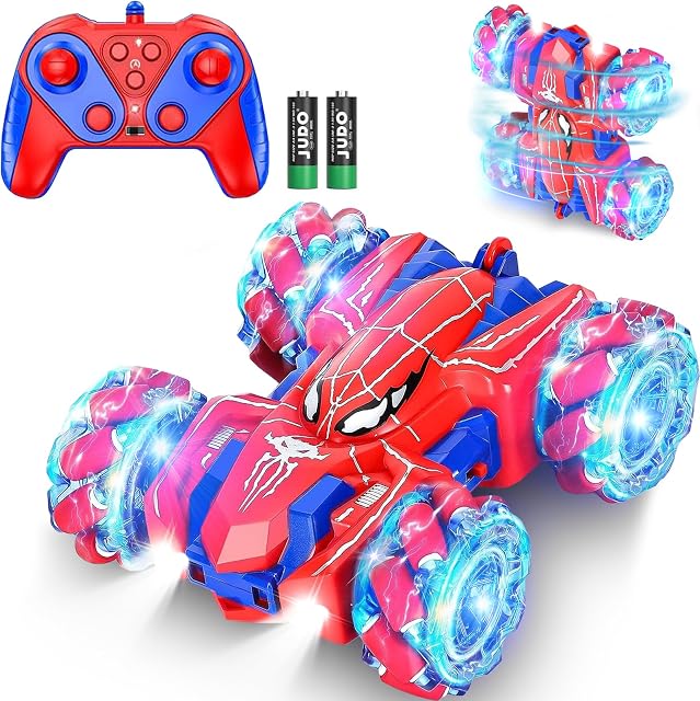 Spider Remote Control Cars for Kids, BoysToys RC Stunt Cars 360°Rotating 4WD Double Sided 2.4Ghz Remote Car with Cool Lights Rechargeable Gifts for Boy Age 3 4 5 6 7 8 9