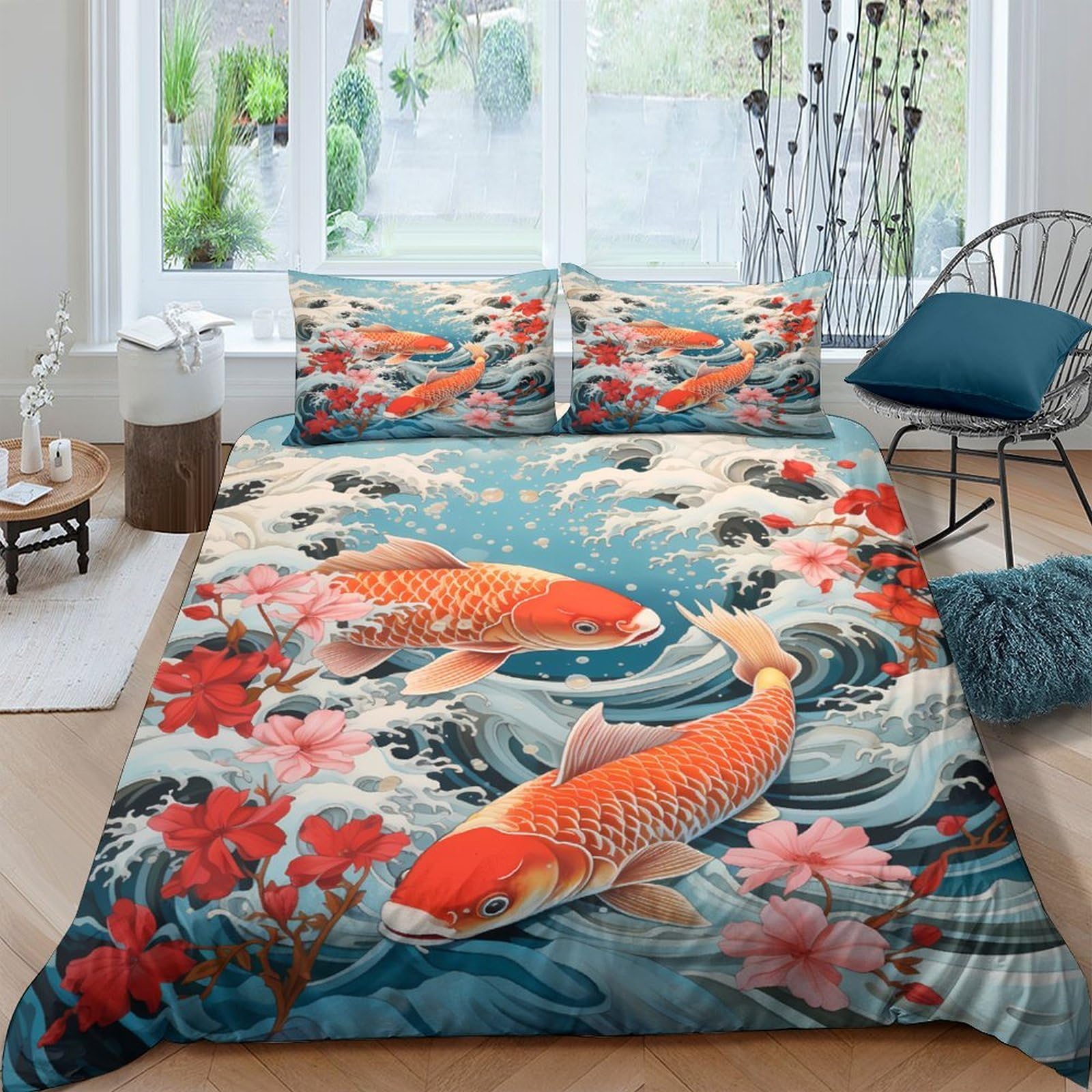 Ctjqhvkz Style-10 3D Printed Koi Fish Fitted Sheet Microfiber Soft Anti-Slip Japanese Wave Bed Cover For Bedroom Guest Room Decor Single（135X200cm）
