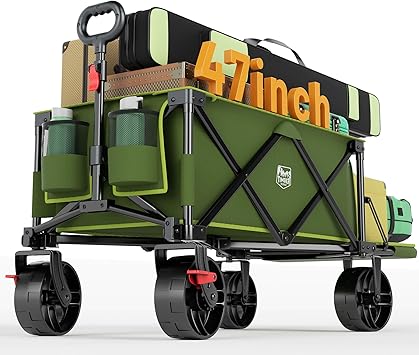 Timber Ridge 47" L Collapsible Wagon with Tailgate & Brake, 300 lbs Heavy Duty Beach Wagon with All-Terrain Big Wheels, 250L Foldable Utility Cart for Sand Camping Sports Shopping, Green