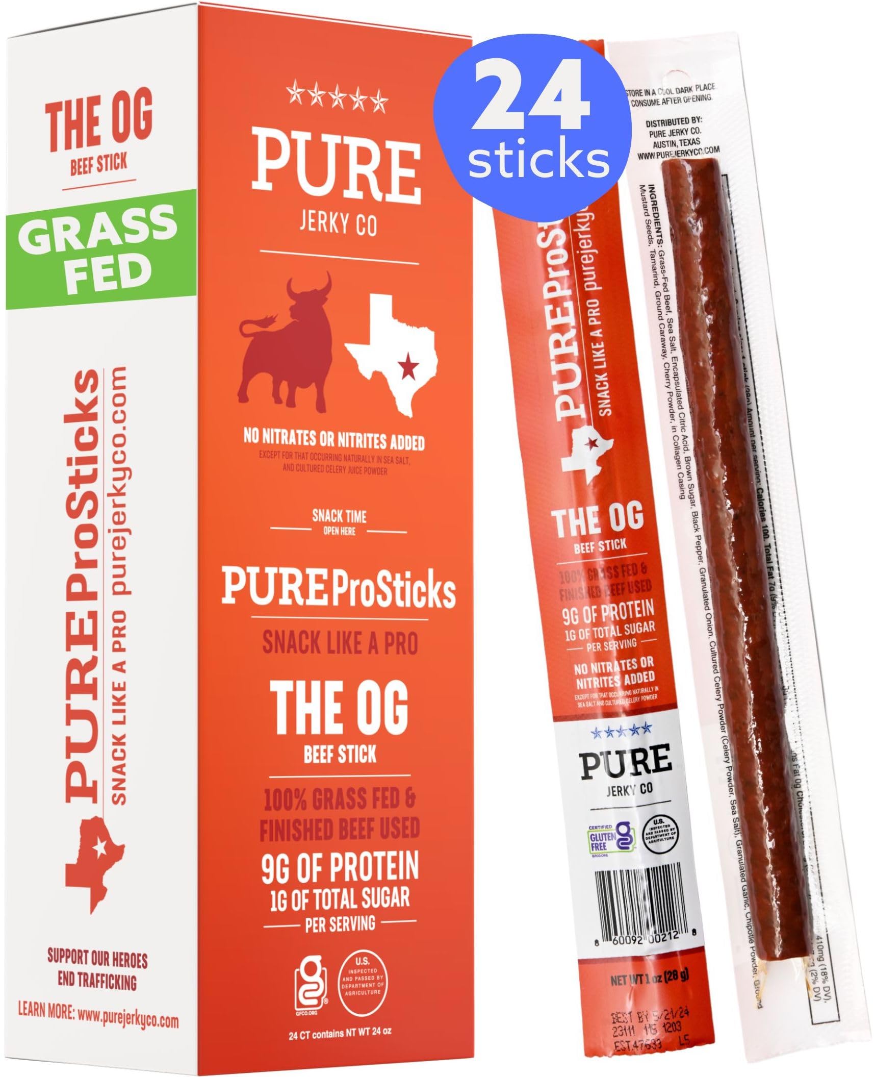 PUREProSticks24 pack of Low Sugar 100% Grass Fed Beef Sticks - Original Flavor Mild - Delicious Gluten Free Beef Snack - High Protein Keto & Paleo Friendly - 24 Beef Sticks