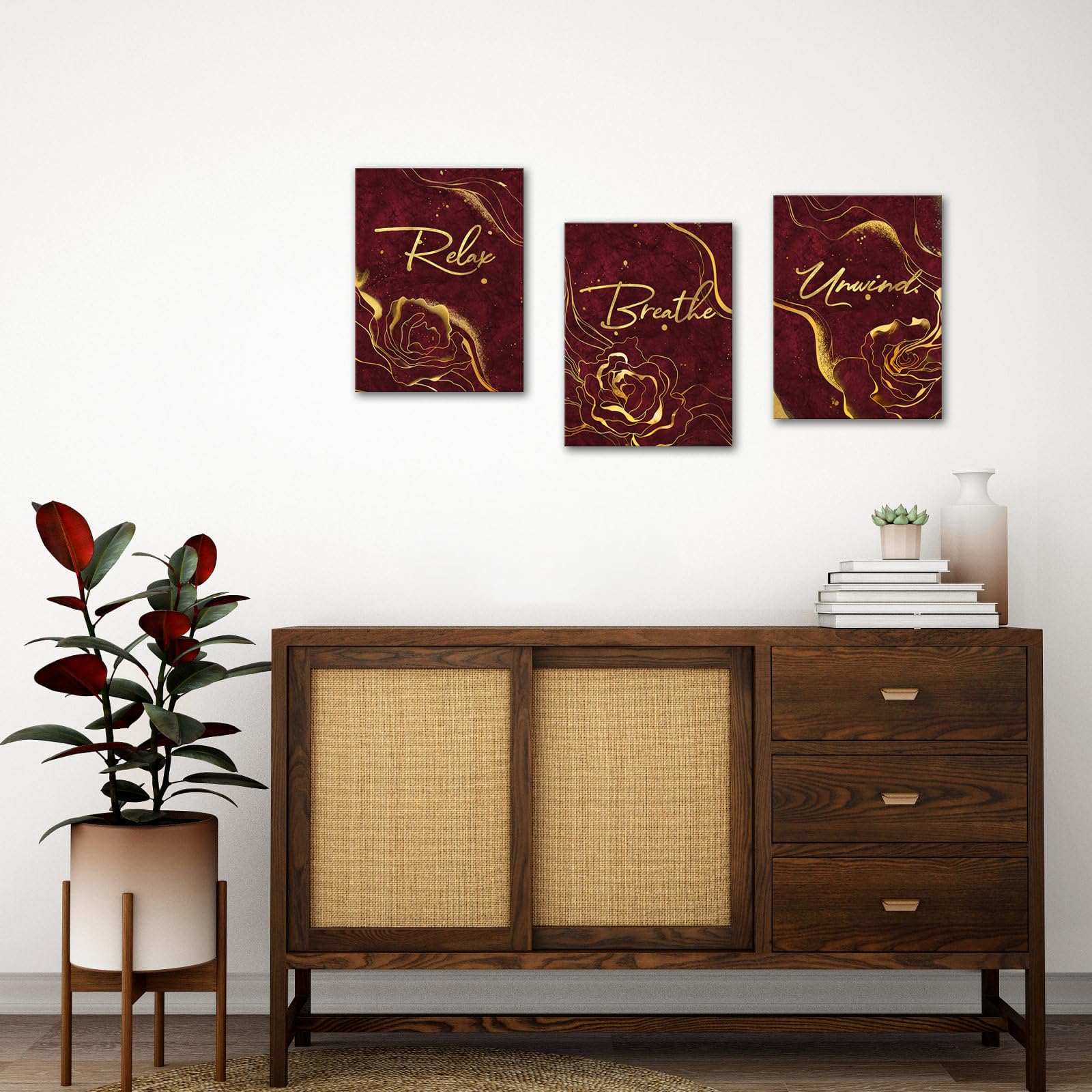 LoveHouse Arte de pared para decoración de baño, diseño abstracto de Burgund con texto en inglés "Relax Unwind Breathe"
