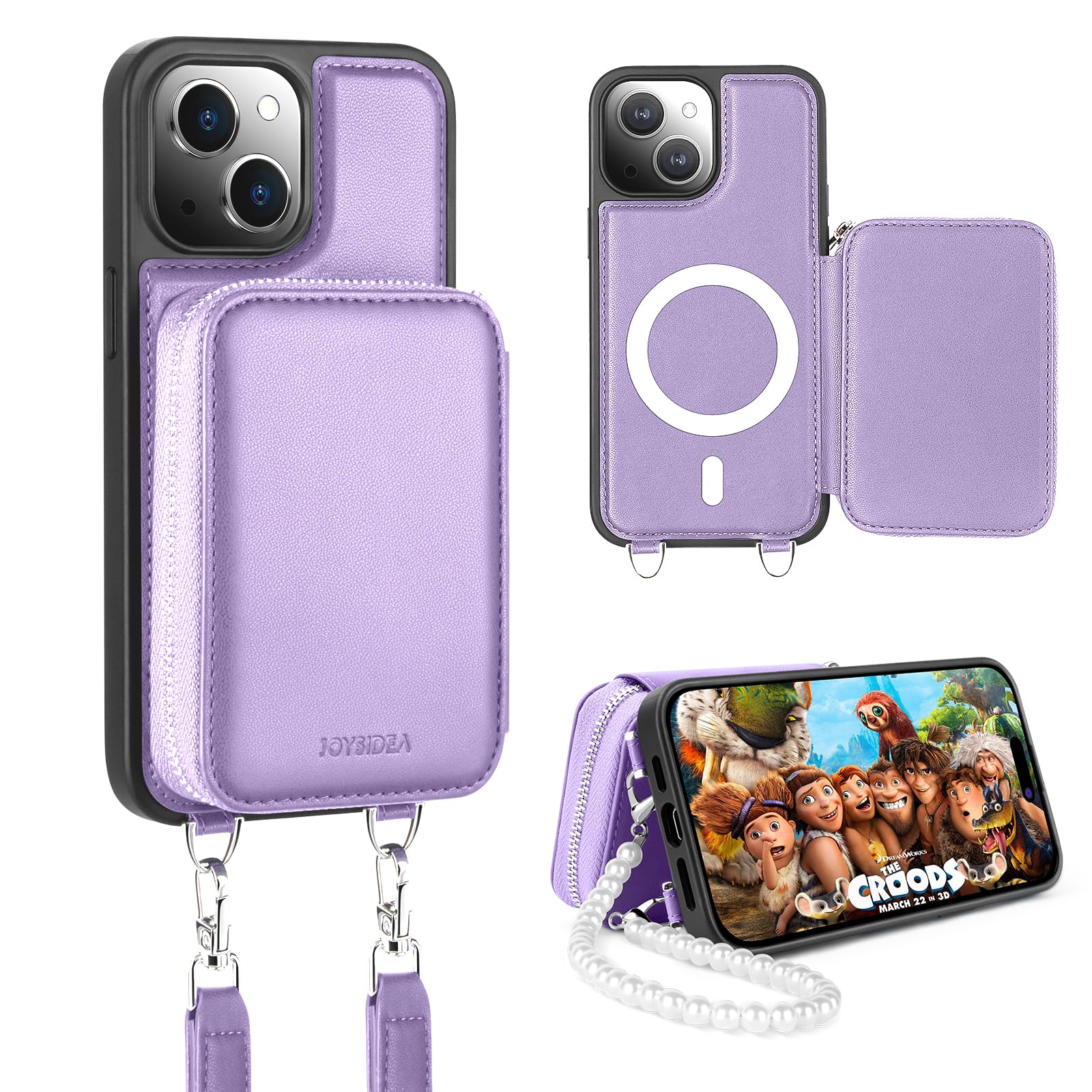 JOYSIDEAiPhone 15 Plus Wallet Case, Magsafe Crossbody Magnetic Phone Case with Card Holder for Women, RFID Blocking Leather Purse with Wrist Strap Lanyard for iPhone 15 Plus 6.7", Purple