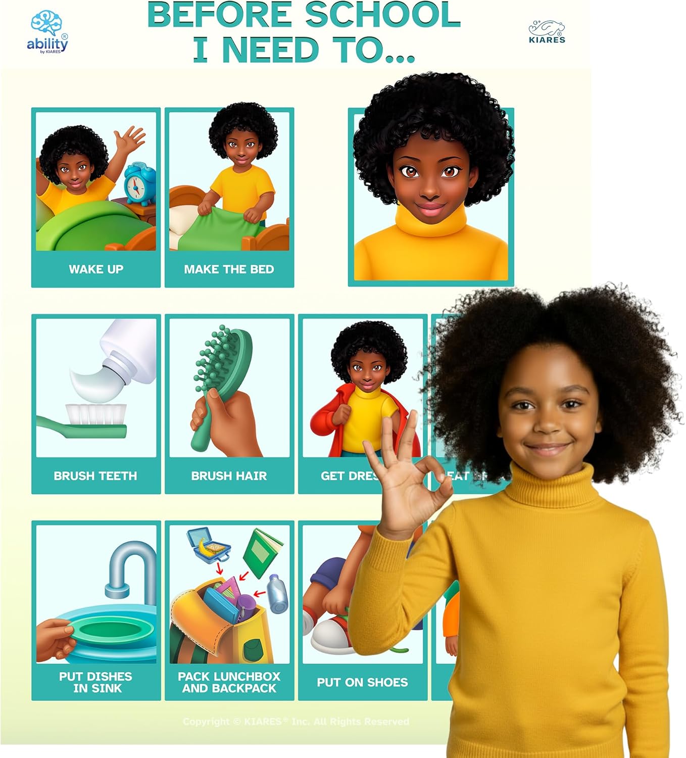 KIARES Morning Routine Chart for Kids, Helping Kids Get Dressed, Daily Sticker Poster For Toddlers, Created by an Occupational Therapist (African American Girl)