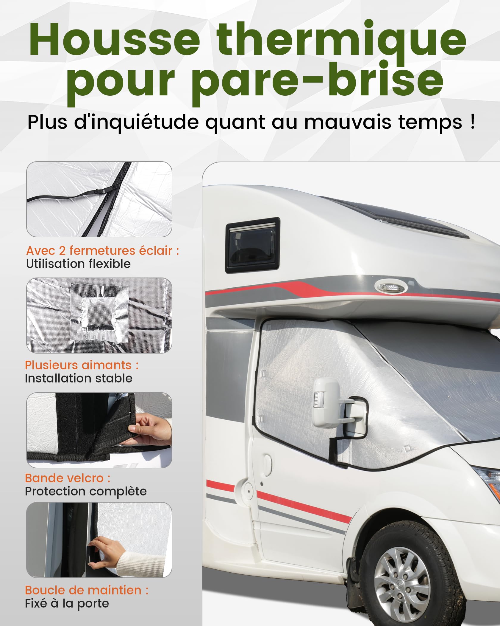 Housse de pare-brise thermique argentée avec fermeture éclair extérieure pour Fiat Ducato Citroen Relay X250/290 Peugeot Boxer 2006-2024 Camping-car hiver avec sac de transport