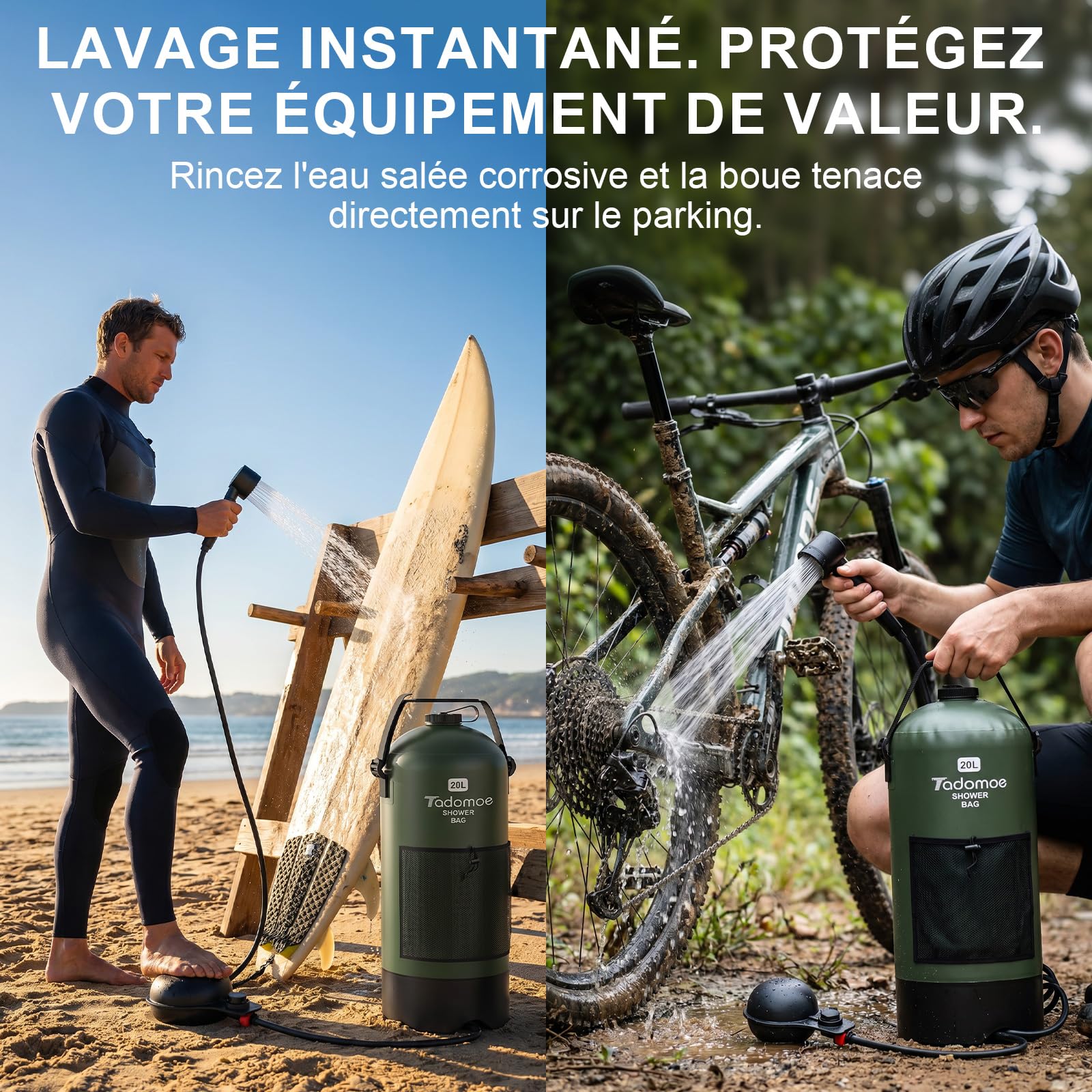20l Douche Solaire Camping avec Pompe à air à Pied, Douche Portable avec Sac et buse pour extérieur Camping, Randonnée et Plage