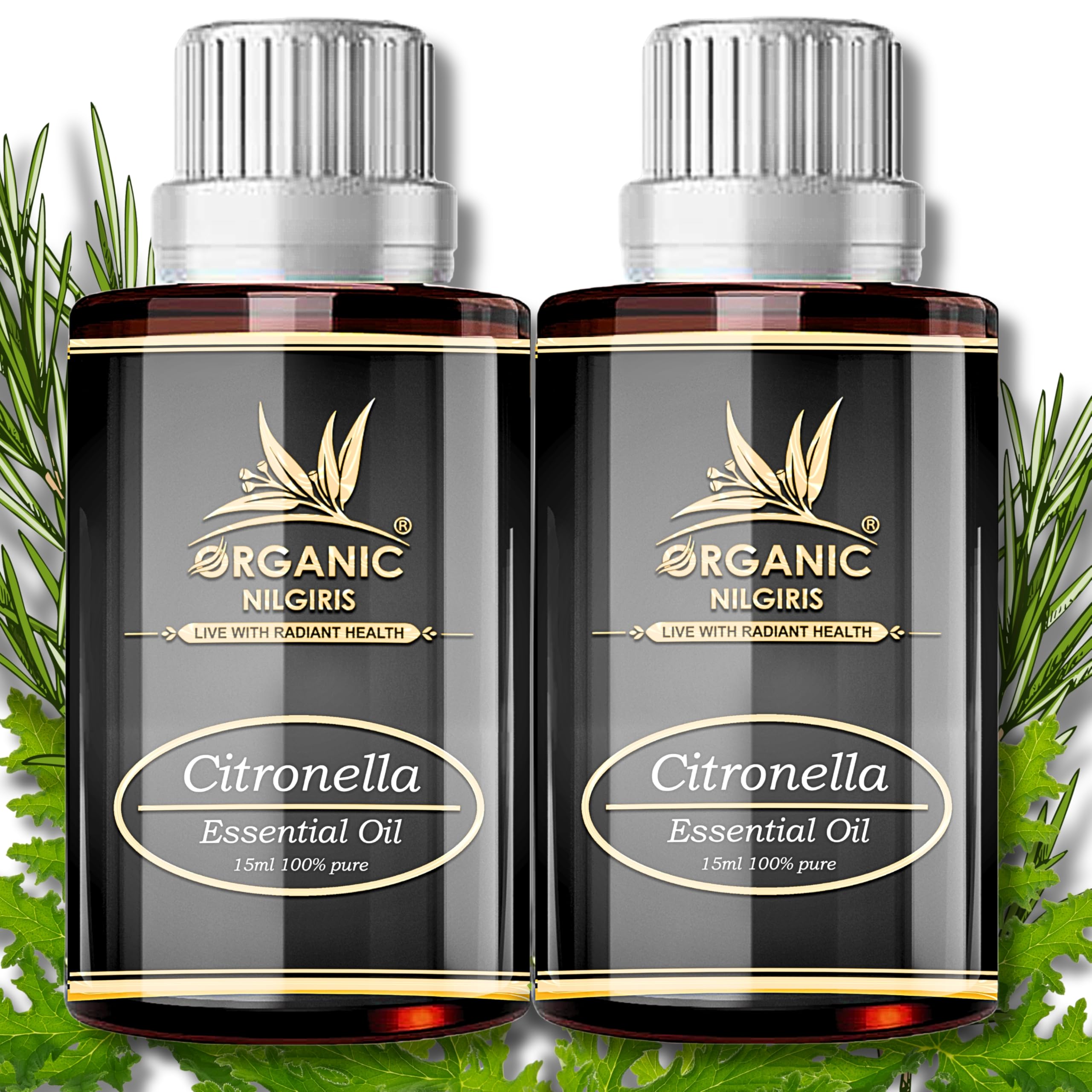 Organic Nilgiris Citronella Essential Oil – Naturally Extracted, No Additives or Chemicals, Aromatherapy & Diffuser Safe, Bug & Mosquito Defense, Eco-Friendly Cleaner & Air Freshener (15ml-2P)