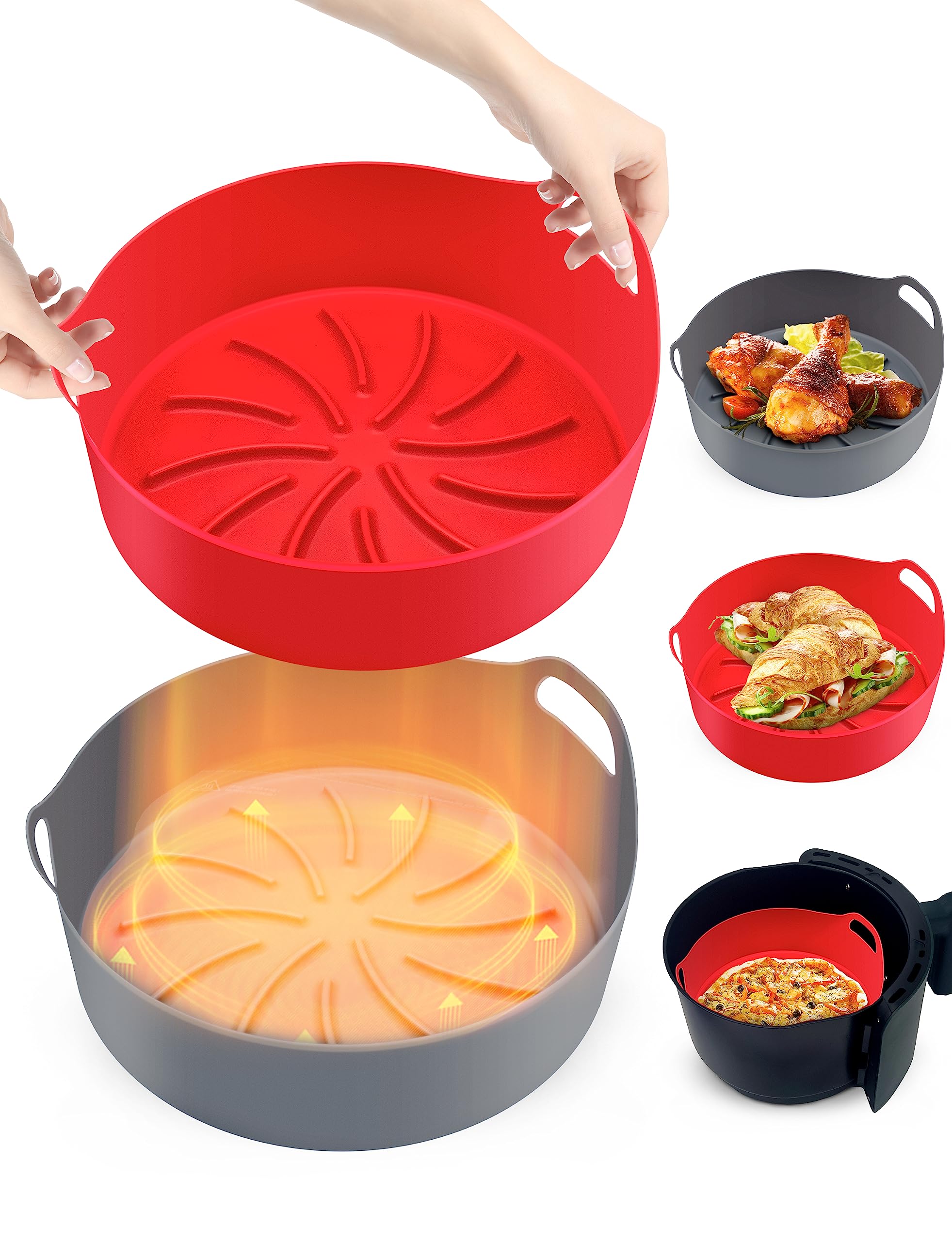 MASTERY MART5-8QT Reusable Silicone Air Fryer Liners -8 Inch, 2 Pcs Air Fryer Silicone Basket/Pot, Durable/Easy to Clean Silicone Baking Tray for 3-8QT Air Fryer, Microwave, Oven, Steamer