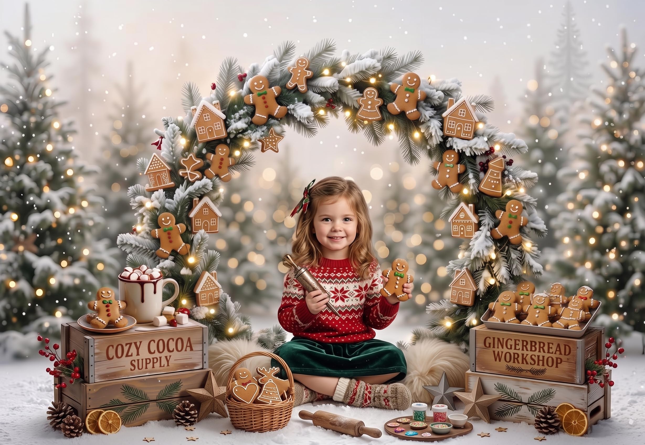 Sfondo fotografico natalizio Kate 2x2m/6.5x6.5piedi con arco di pan di zenzero natalizio cacao e alberi innevati ideale per compleanni di bambini e ritratti di famiglia