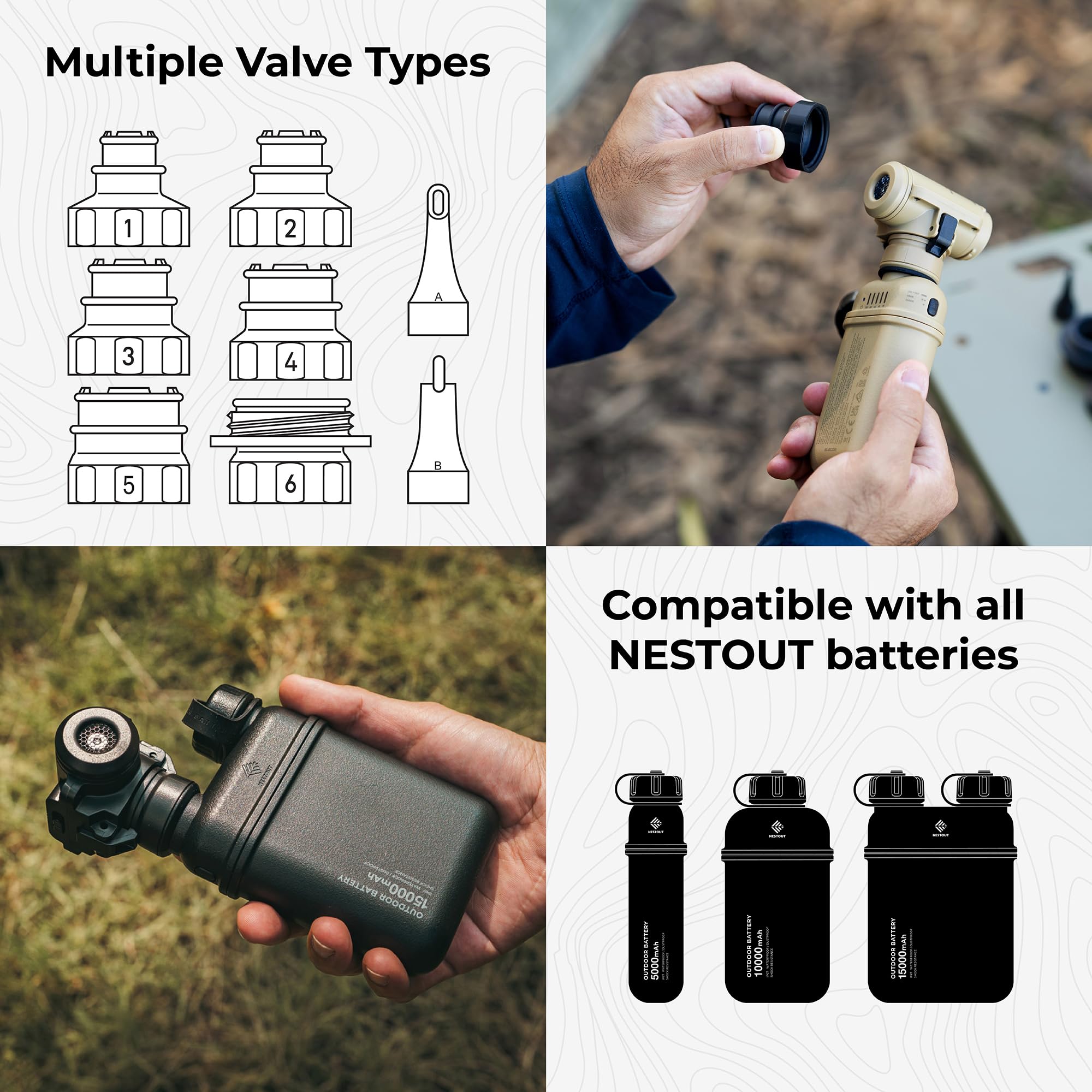 NESTOUT Pump-1 bomba de aire para camping, inflador modular para exteriores para baterías NESTOUT (se vende por separado), motor silencioso de doble velocidad sin escobillas, 8 boquillas para colchón