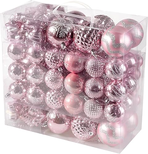 Juego de 116 adornos de bolas de Navidad color rosa, juego de decoración colgante de Navidad inastillable con caja de regalo, juego de bolas