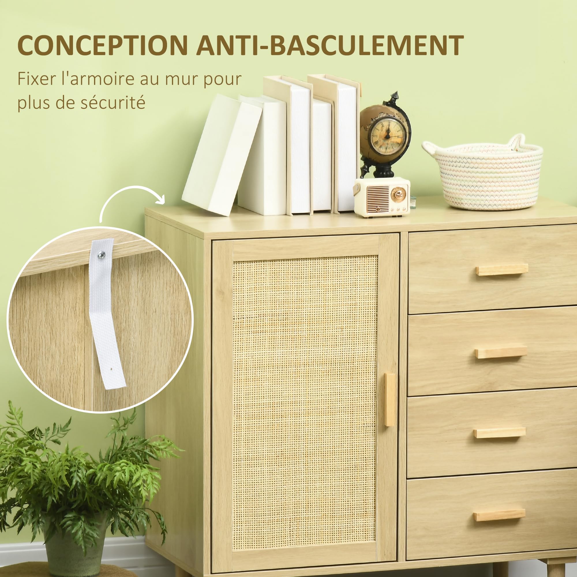 HOMCOM Credenza in rattan con anta in canna e 4 cassetti, credenza per sala da pranzo, soggiorno, camera da letto, 80 x 38 x 80,5 cm, effetto legno naturale