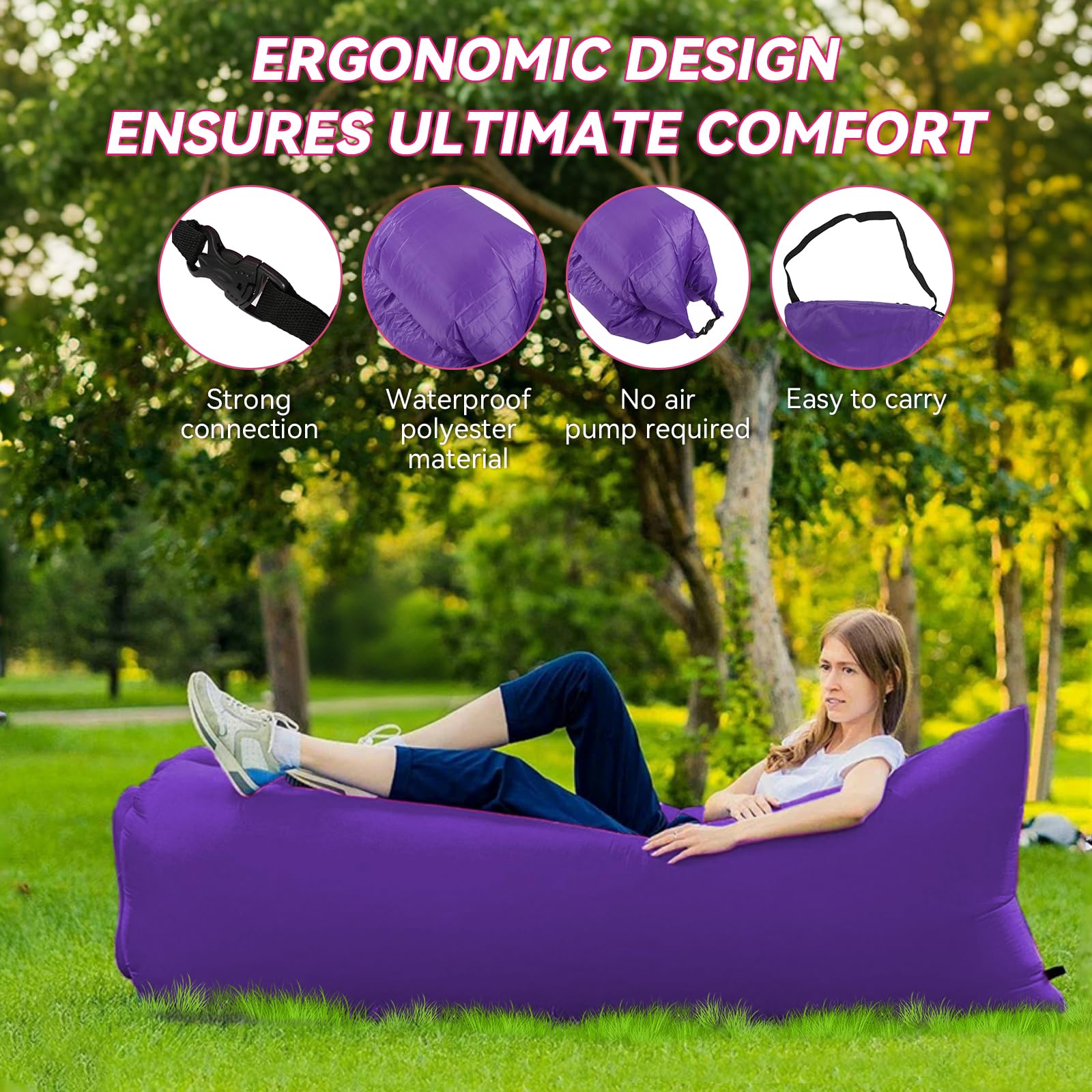 plplaaoo Inflatable Lounger Inflatable Couch for Travelling,Outdoor Camping Beach Chair,Inflatables Loungers Portable Foldable Air Sofa Matress for Outdoor Camping Beach Part (purple) - Image 4