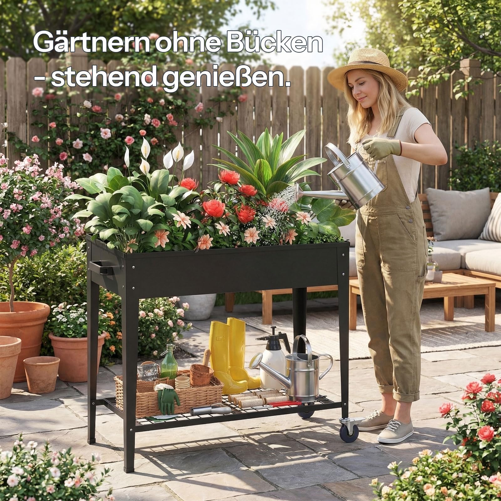 LARMNEE Hochbeet mit Rädern und Ablage, Metall Pflanzenbeet, Pflanzbeet, Gartenbeet, Pflanzkasten, Blumenkasten, Kräuterbeet, Gemüsebeet, 83,5 x 40 x 76 cm, für Terassen, Garten, Schwarz EBK02MP02