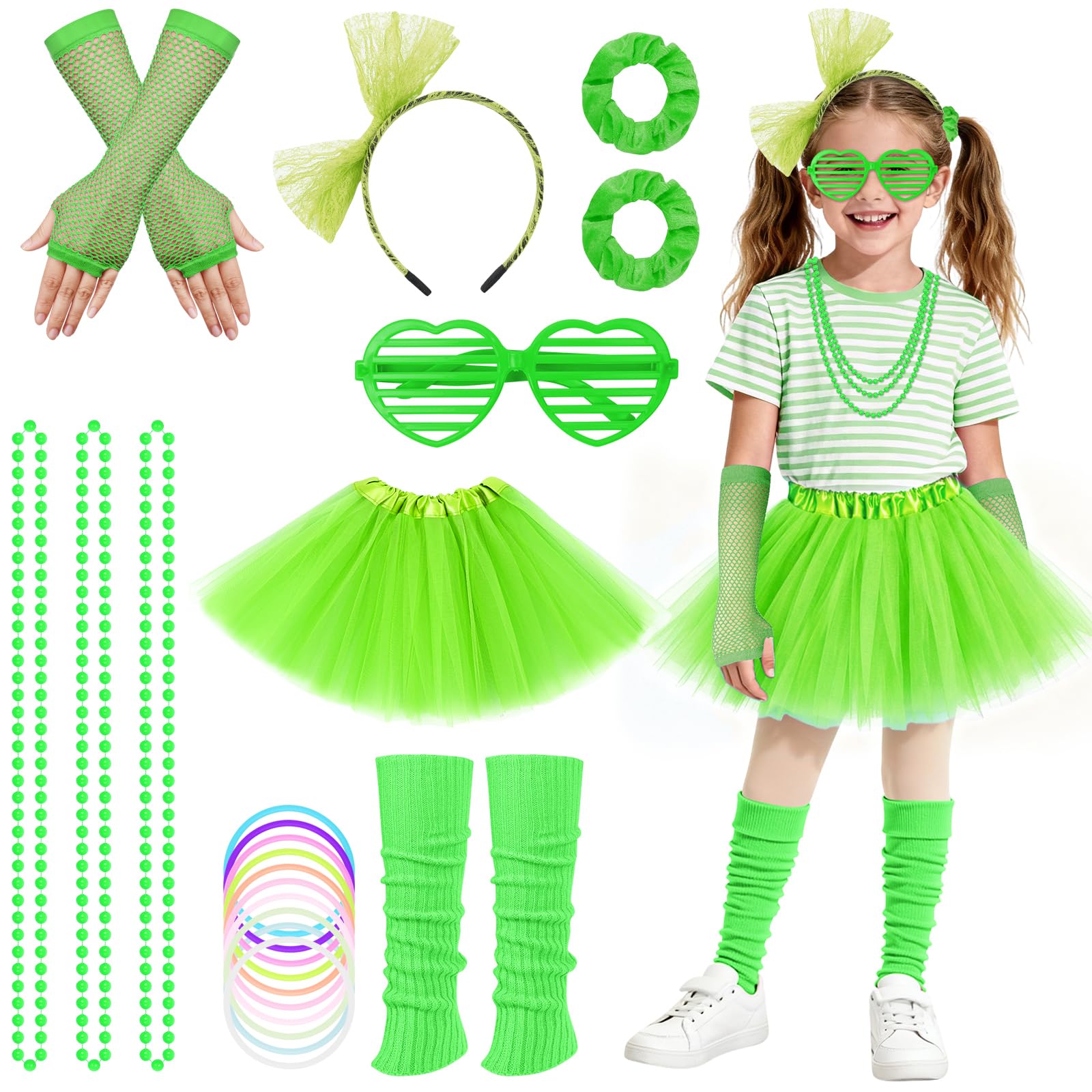 BSBUY 80s Fancy Dress Costume for Kids 20 Pcs 1980s Costume for Girls Neon Costume Fancy Dress Outfit Dress Up with Tutu Skirt Fishnet Gloves Leg Warmers Glasses Bracelets Necklaces Headband(Green)