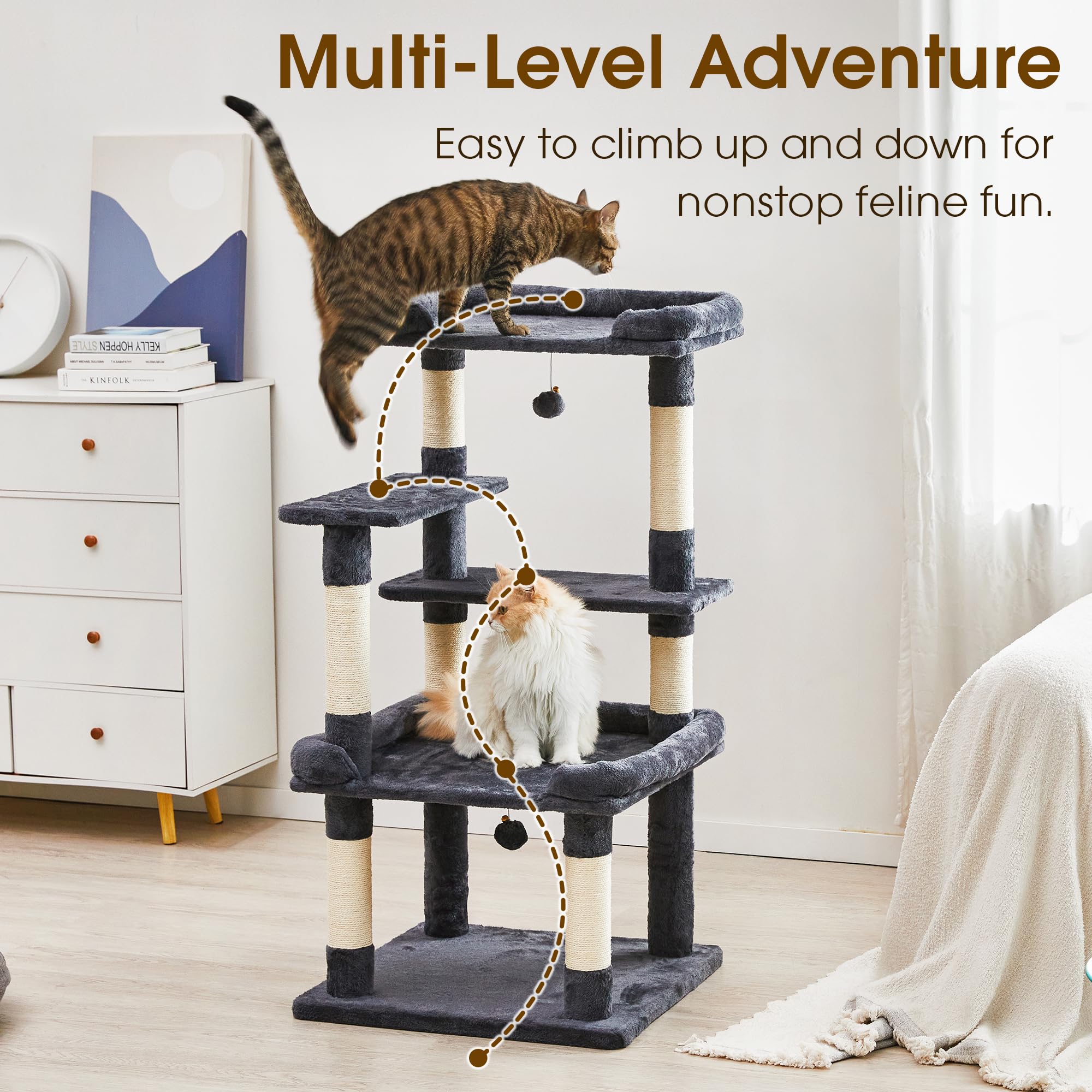 Albero per gatti alto 114 cm, torre per gatti con piattaforma extra large, albero per arrampicata su più livelli per gatti interni, facile da arrampicare, con tiragraffi in sisal naturale